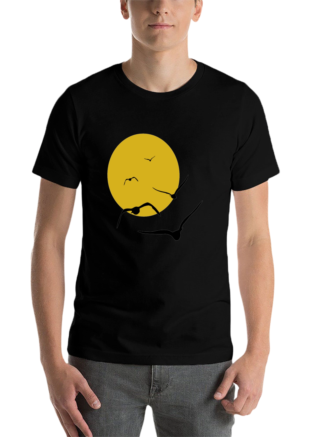 Black Black T-Shirt with Sun & Birds Graphic view 7