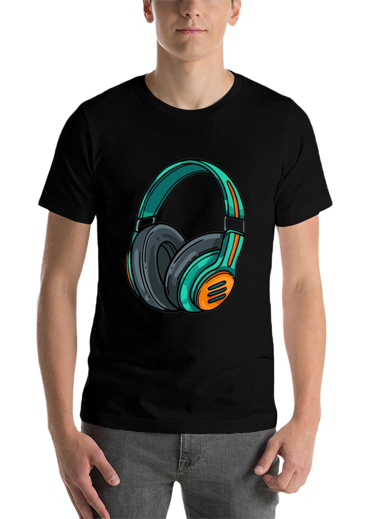 Black Stylish Black T-Shirt with Cool Headphone Graphic view 7
