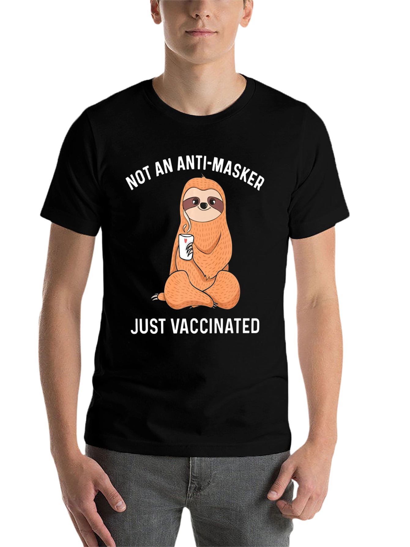 Black Anti-Masker? Just Vaccinated Sloth T-Shirt view 7
