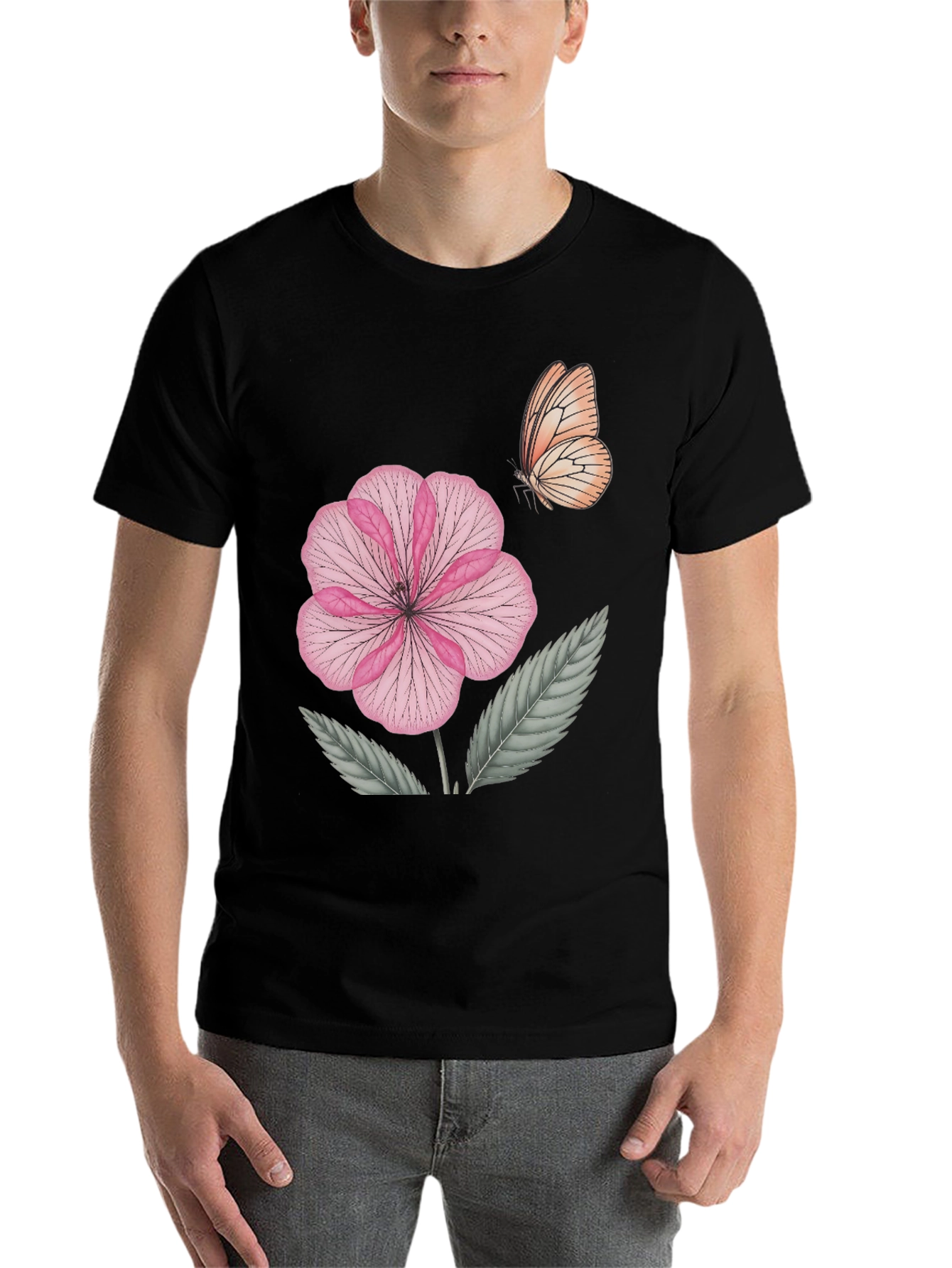 Black Floral Butterfly Print Black T-Shirt view 7