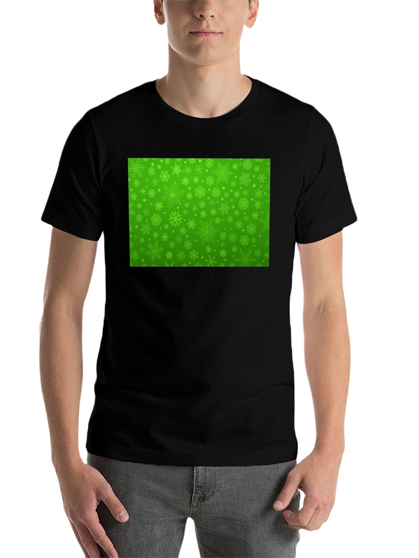 Black Green Snowflake Pattern Black T-Shirt view 7