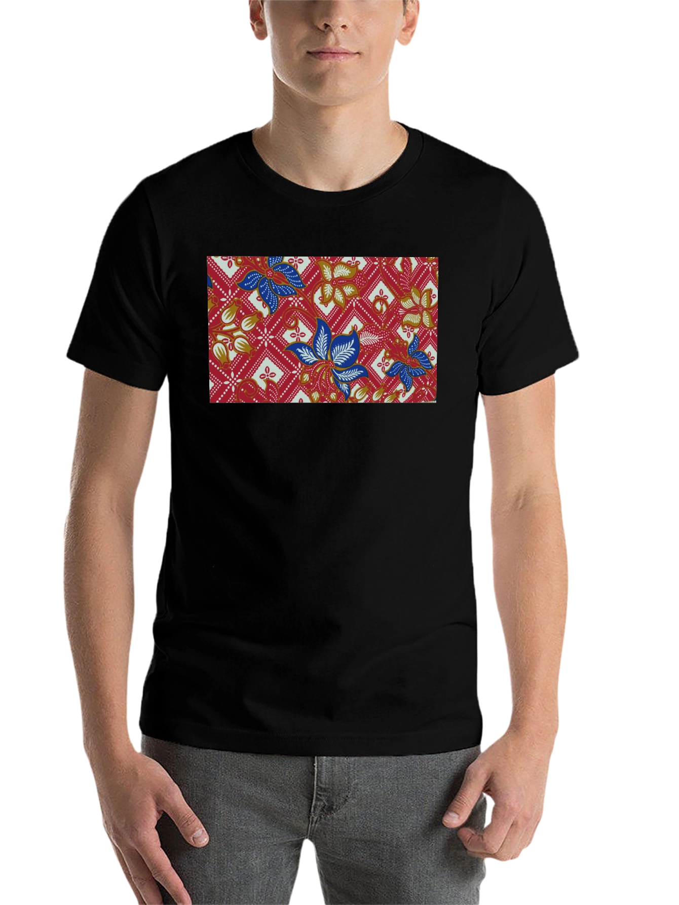 Black Batik Floral Pattern Black T-Shirt view 7