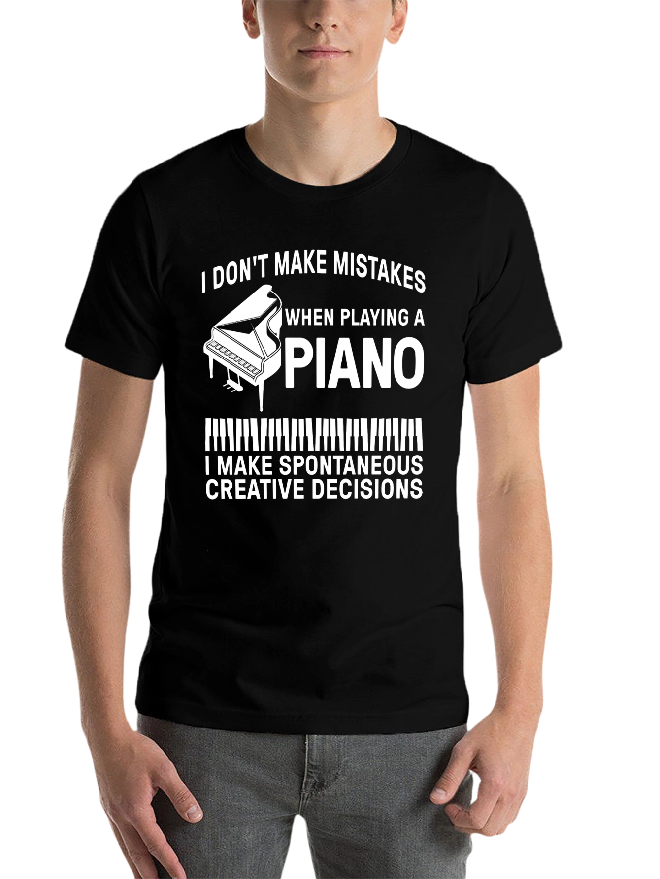 Black Funny Piano Player T-Shirt - Spontaneous Creative Decisions Tee view 7