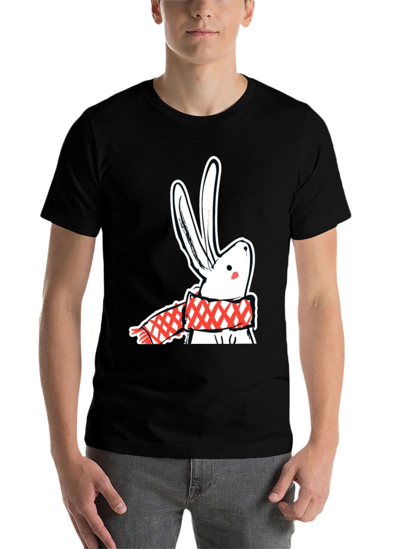 Black Black T-Shirt with Rabbit & Scarf Graphic view 7