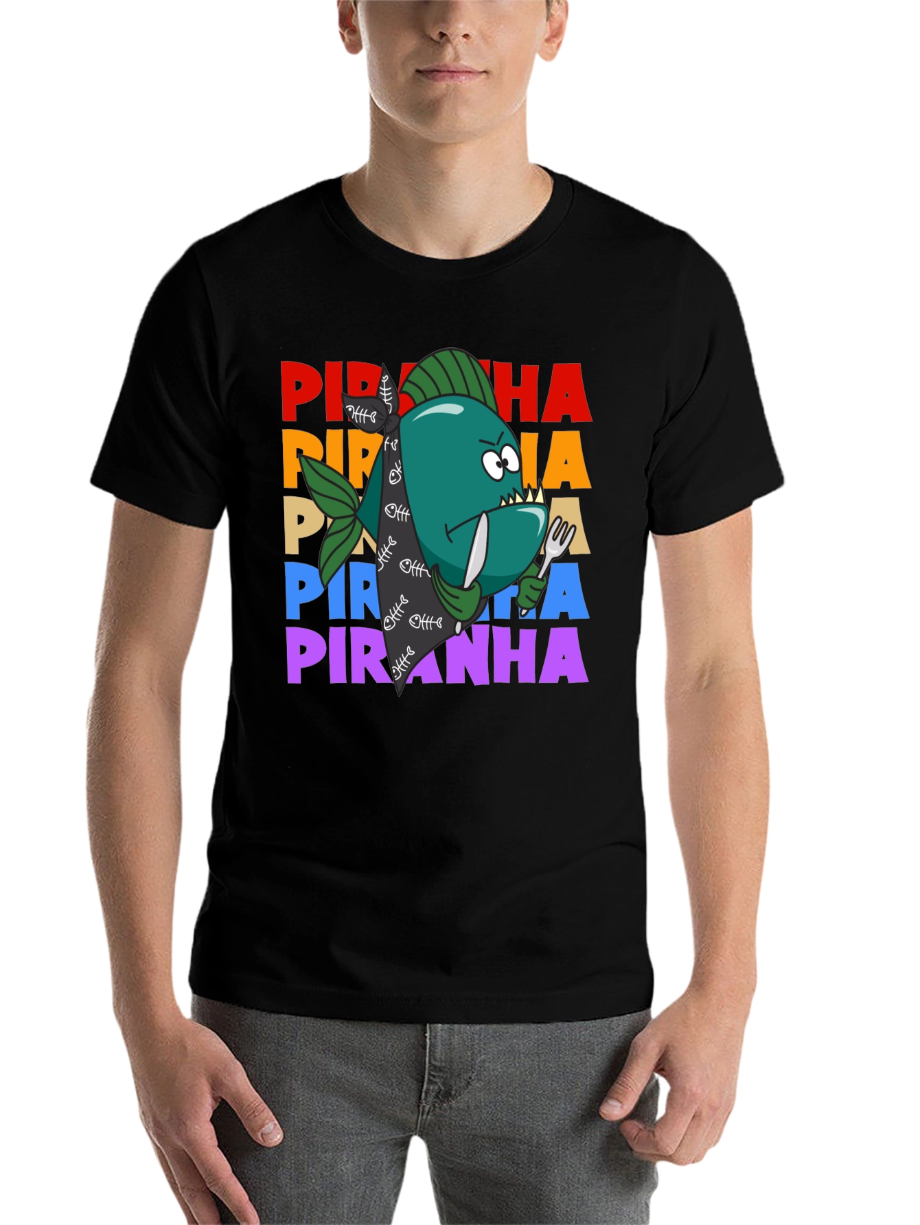 Black Piranha Graphic T-Shirt - Funny Fish Design view 7