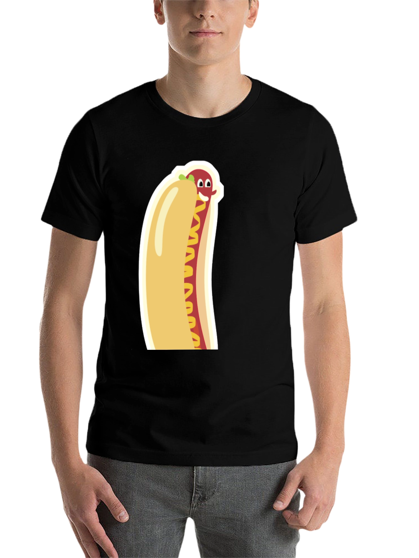 Black Funny Cartoon Hot Dog Graphic Tee - Unisex Black T-Shirt view 7