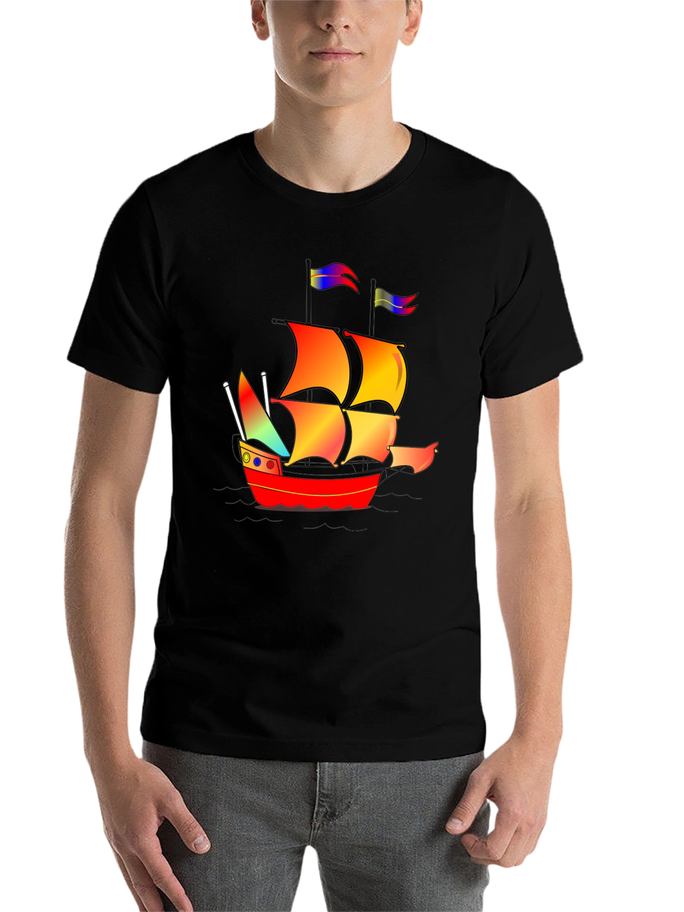 Black Colorful Pirate Ship Graphic Tee view 7