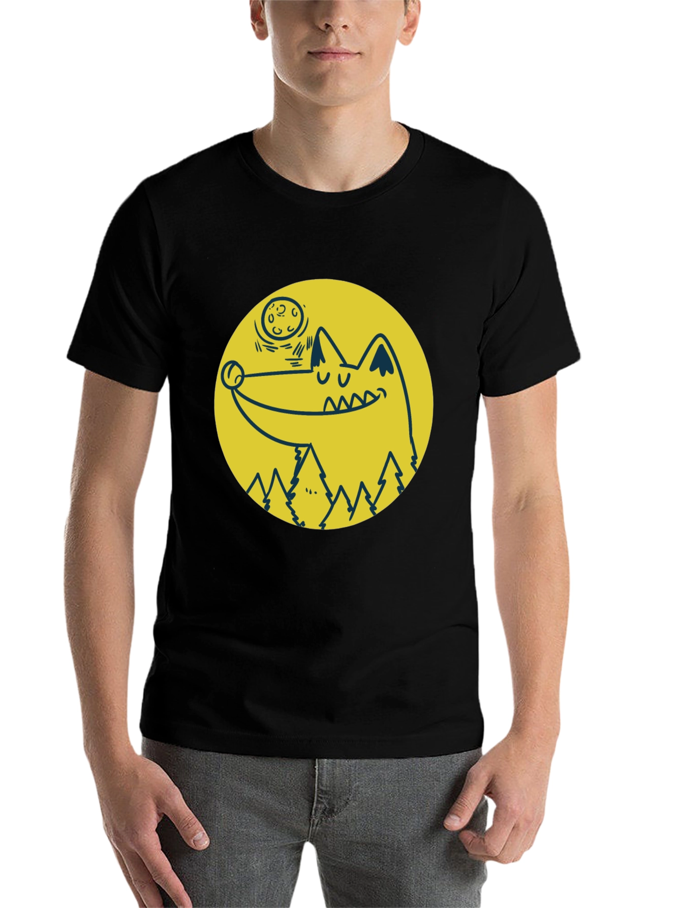 Black Wolf & Moon Graphic Tee - Black Cotton T-Shirt view 7