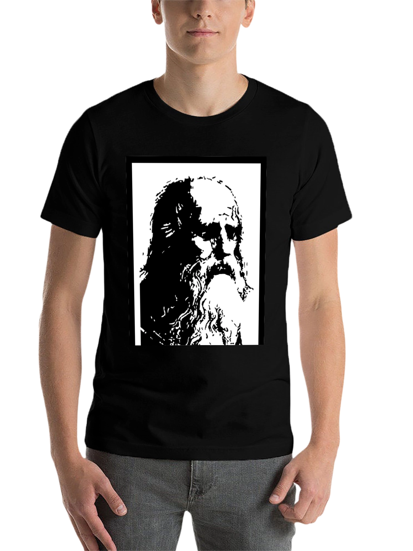 Black Black T-Shirt with Artistic Portrait Print view 7