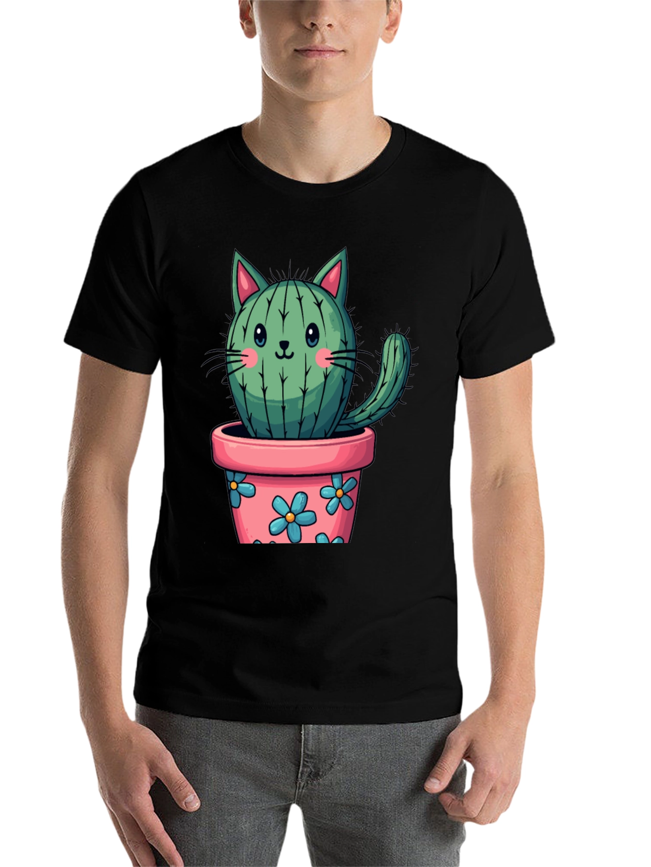 Black Cactus Cat T-Shirt - Potted Plant Kitten Tee view 7