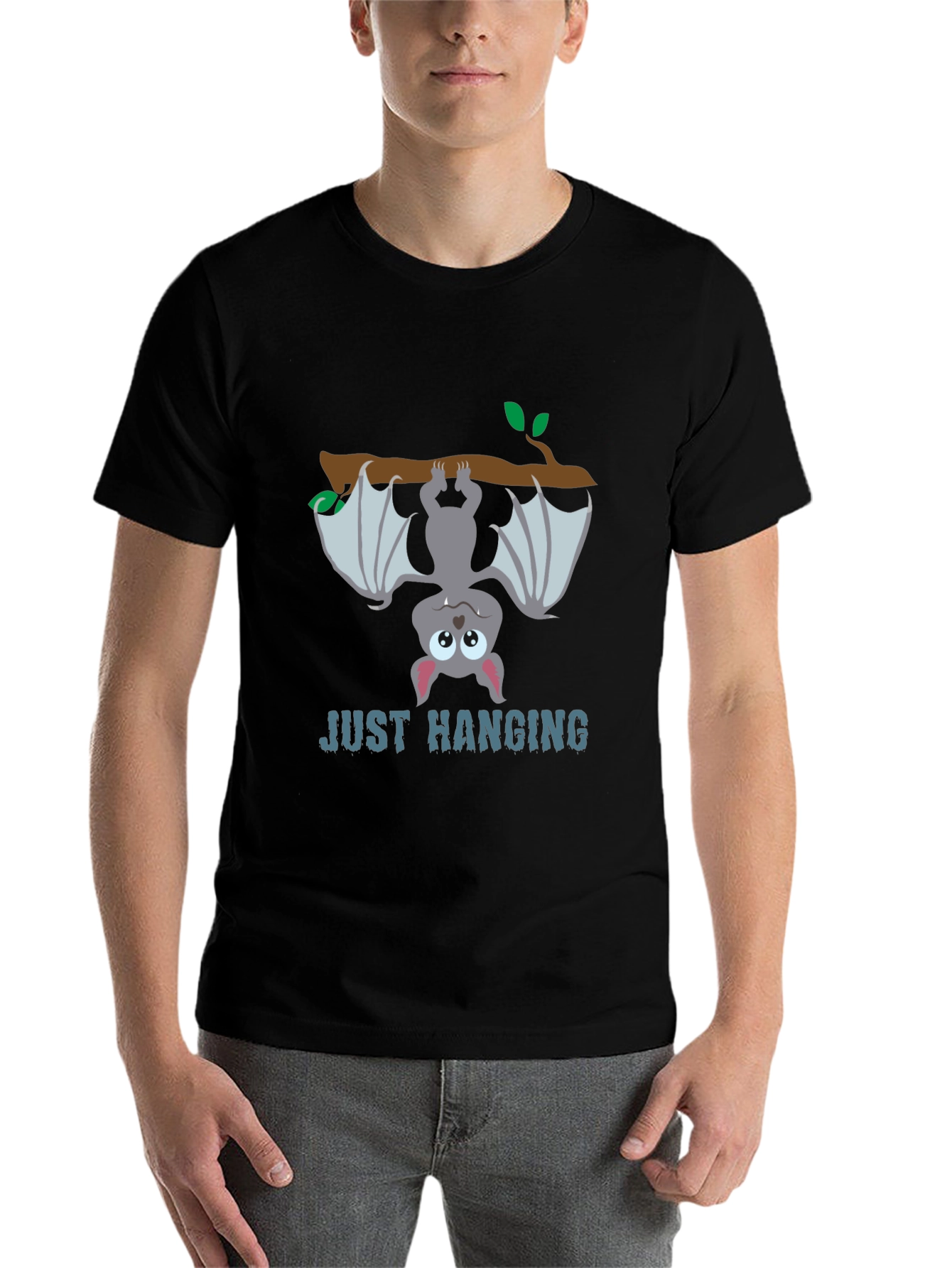 Black Just Hanging Bat Graphic Tee - Black Cotton T-Shirt view 7