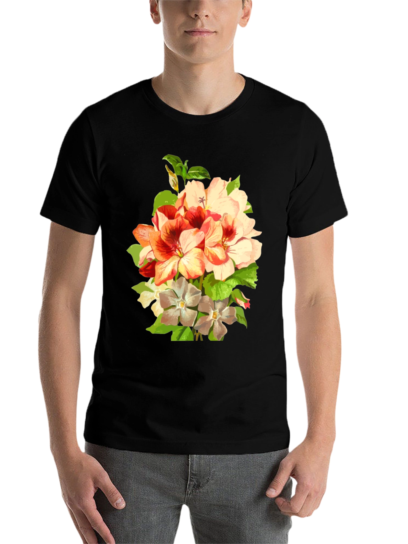 Black Floral Bouquet Graphic Tee - Black Cotton T-Shirt view 7