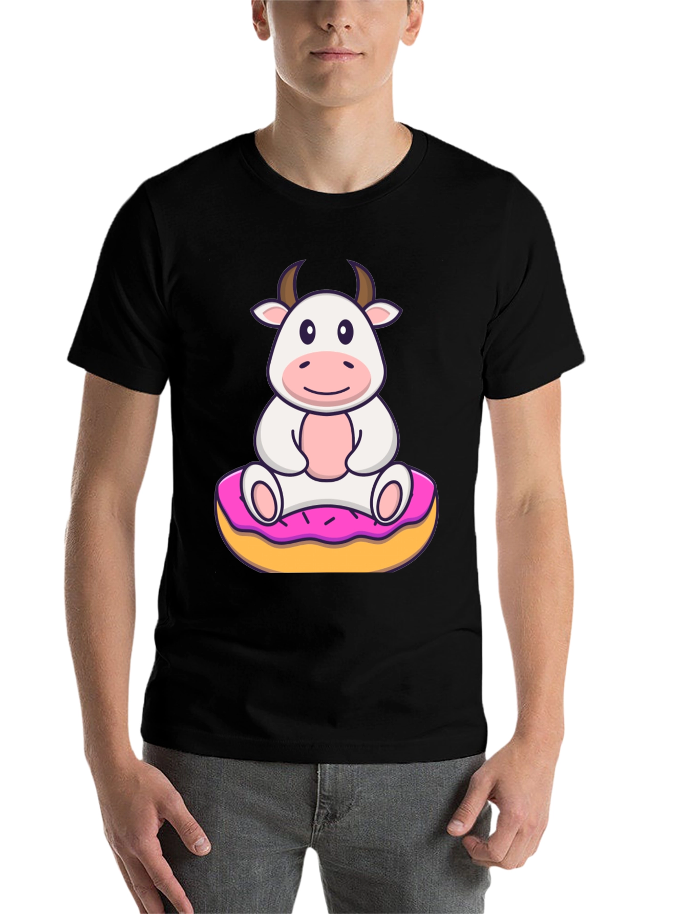 Black Cow on Donut Graphic Tee - Cute Cartoon Style view 7