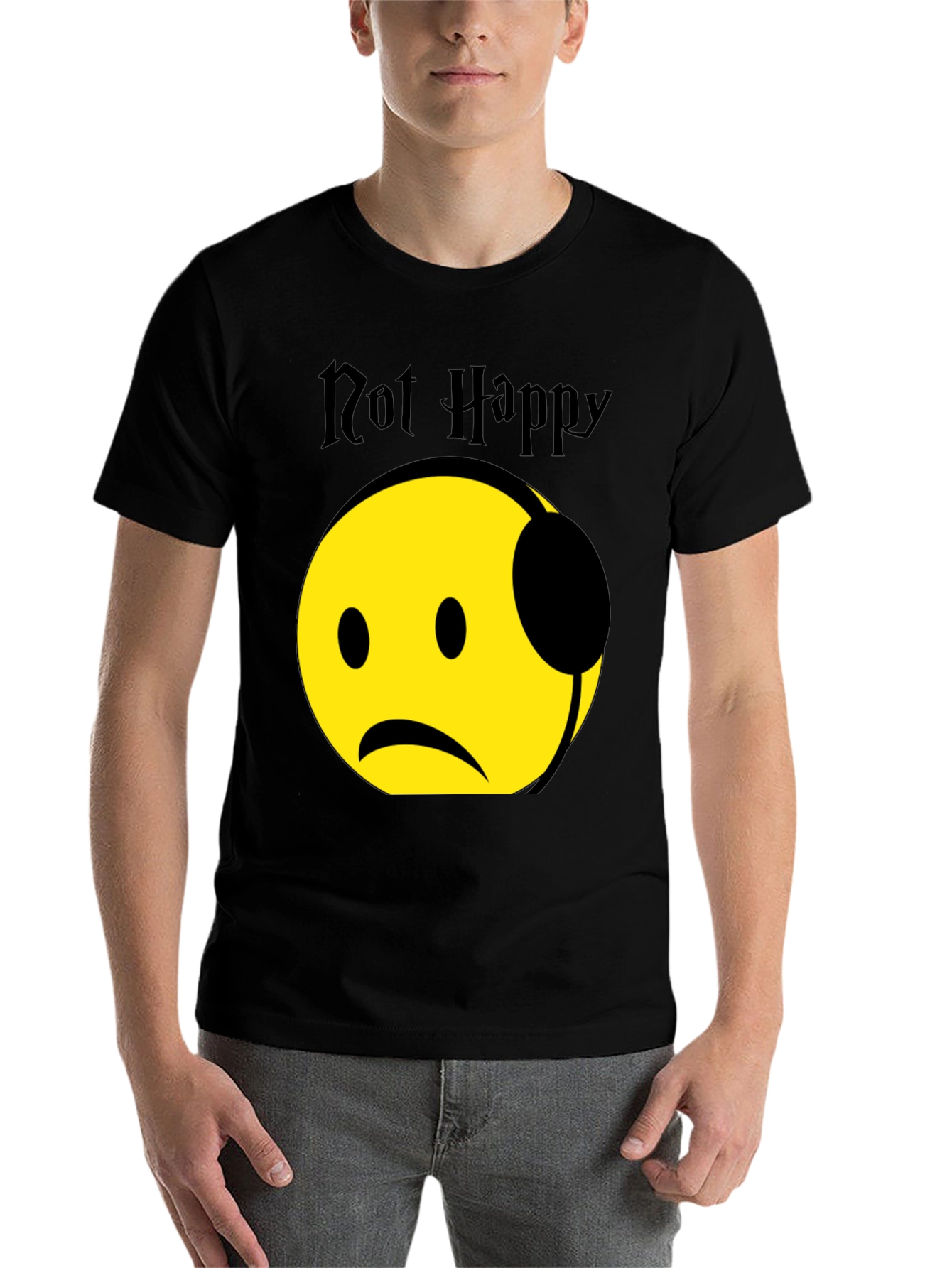 Black Not Happy Emoji Graphic T-Shirt - Trendy Casual Wear view 7