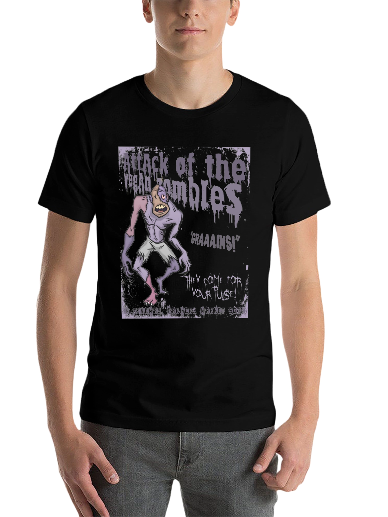 Black Vegan Zombie T-Shirt: Graaaains! view 7