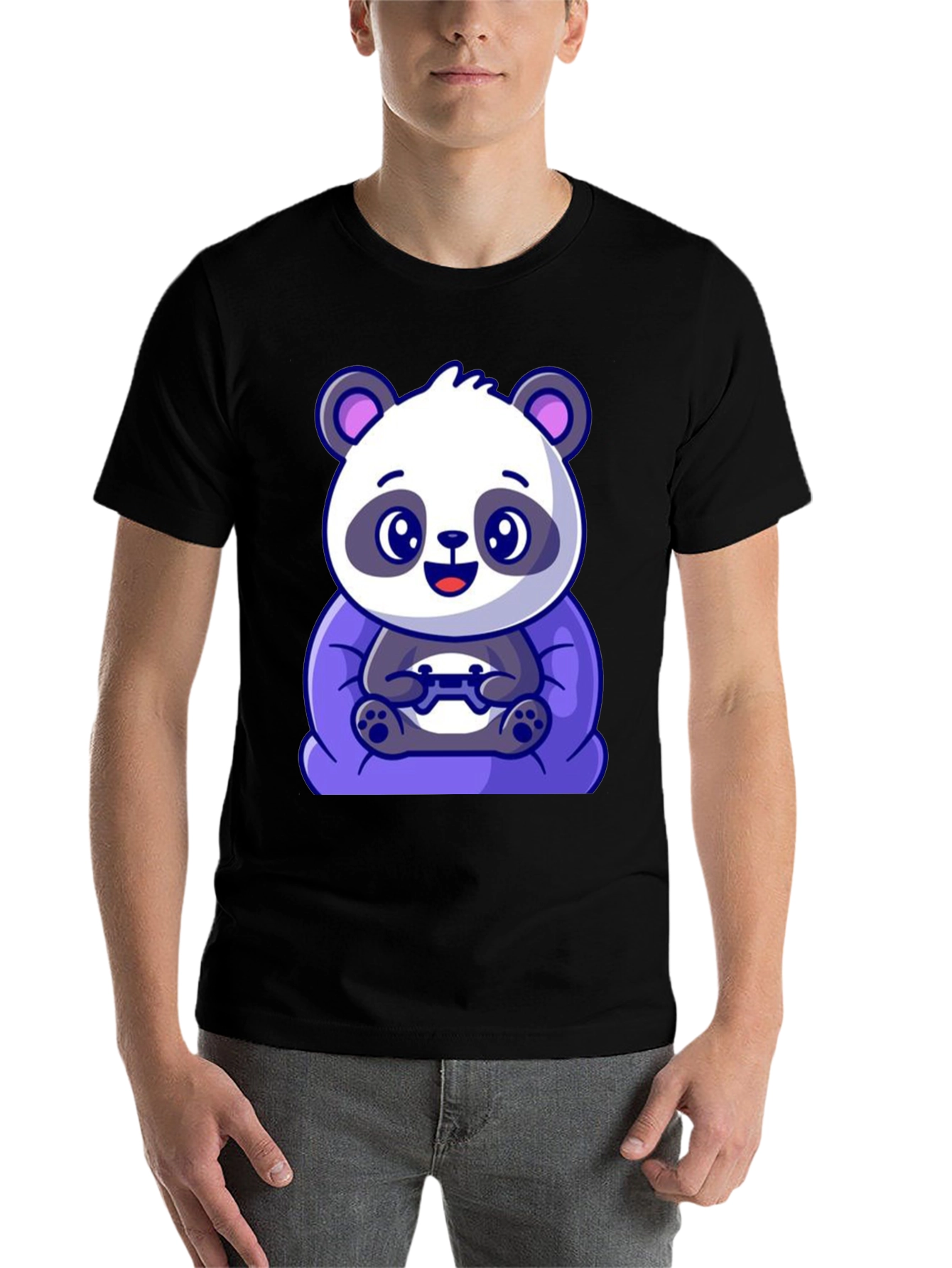Black Cute Gamer Panda T-Shirt - Black Cotton Tee view 7