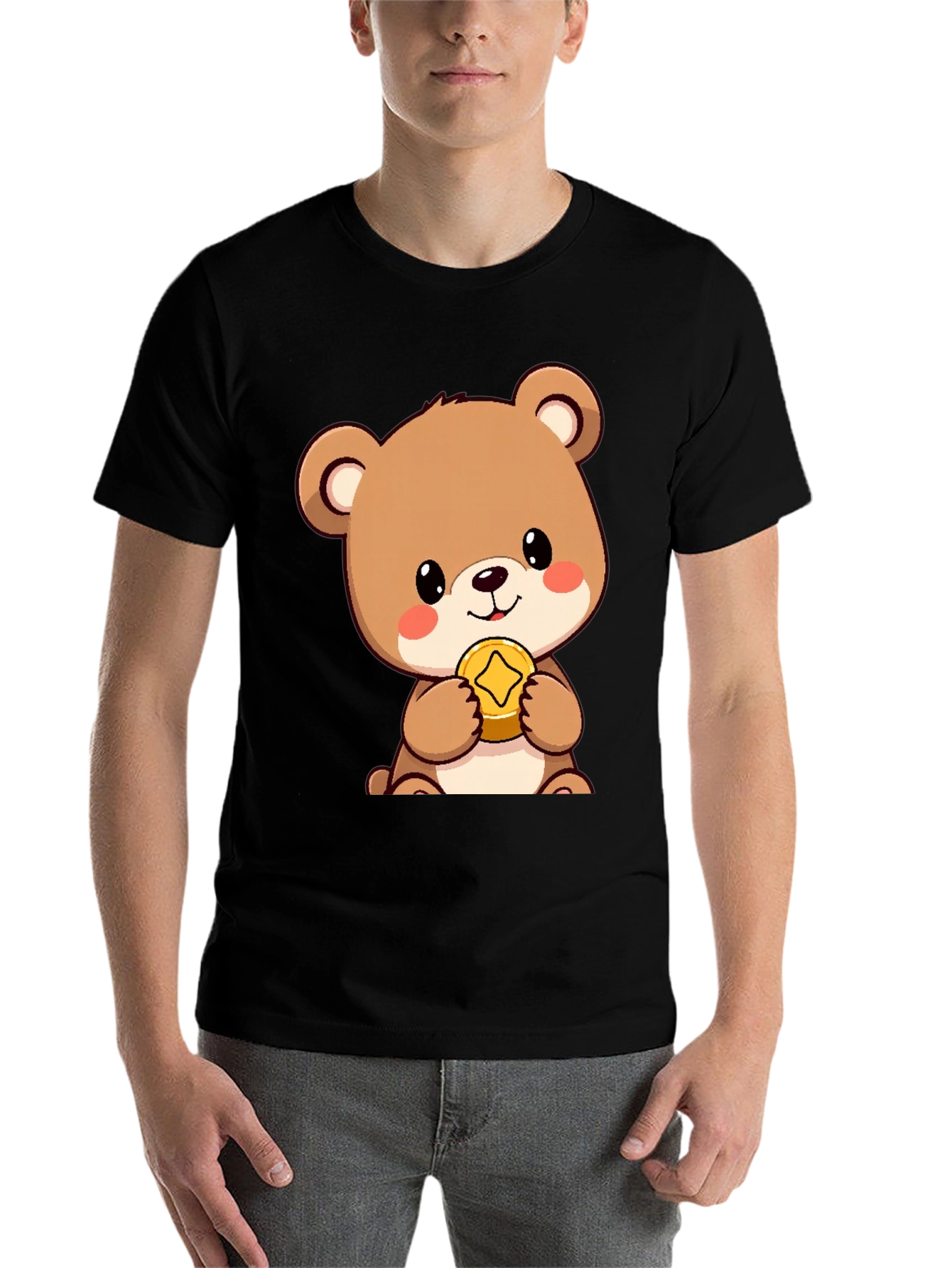 Black Cute Bear with Coin Black T-Shirt view 7