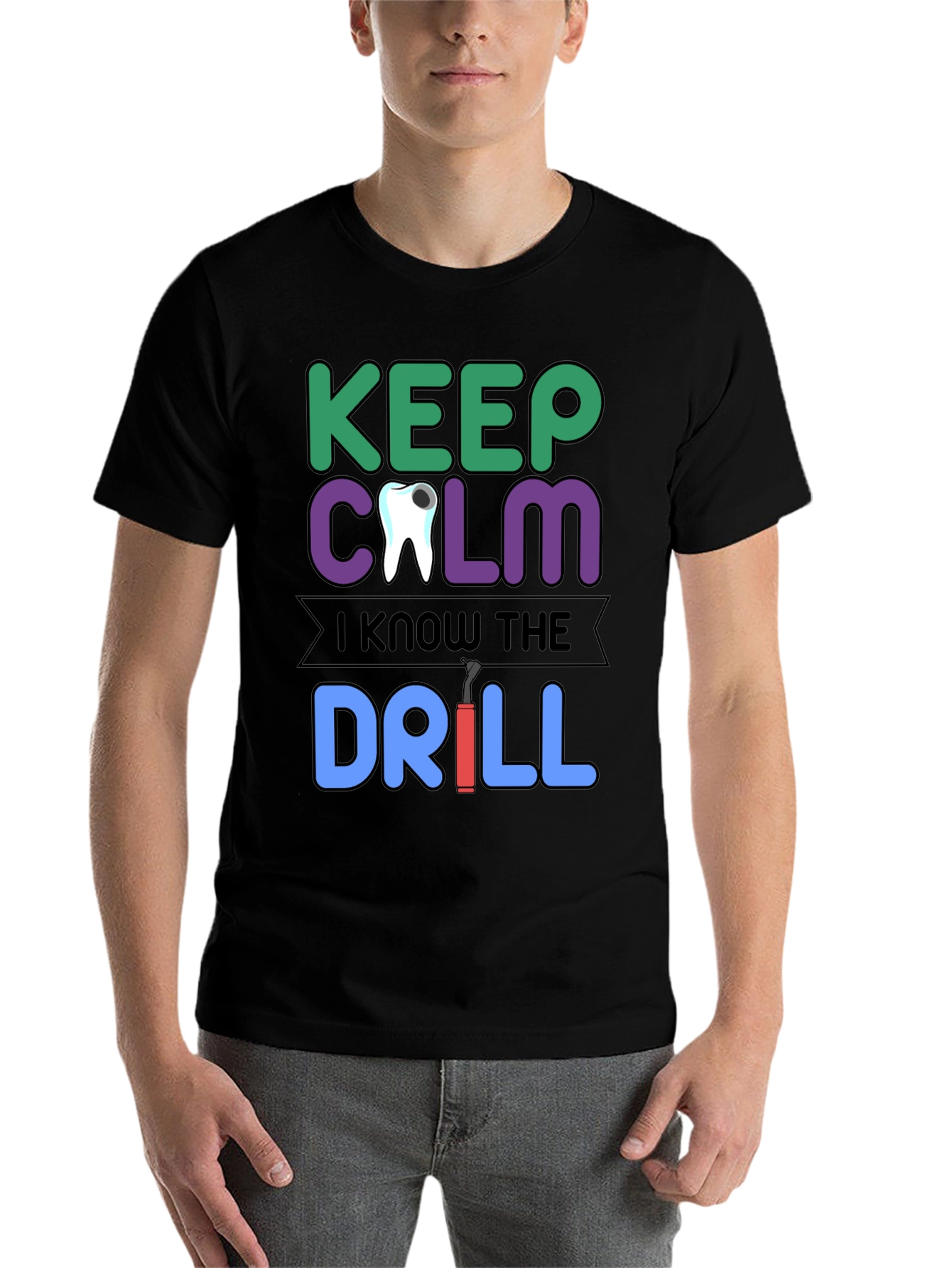 Black Keep Calm Dentist T-Shirt Funny Dental Drill Tee view 7