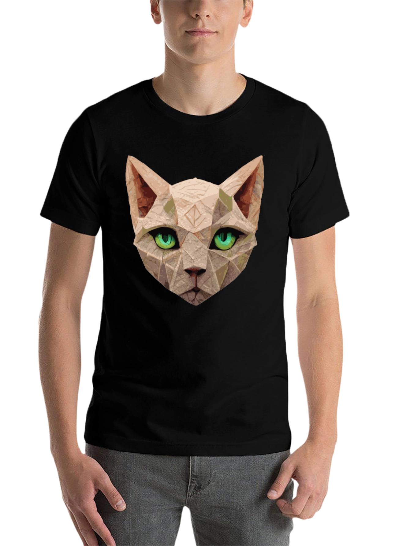 Black Geometric Cat T-Shirt - Unique Art Tee view 7