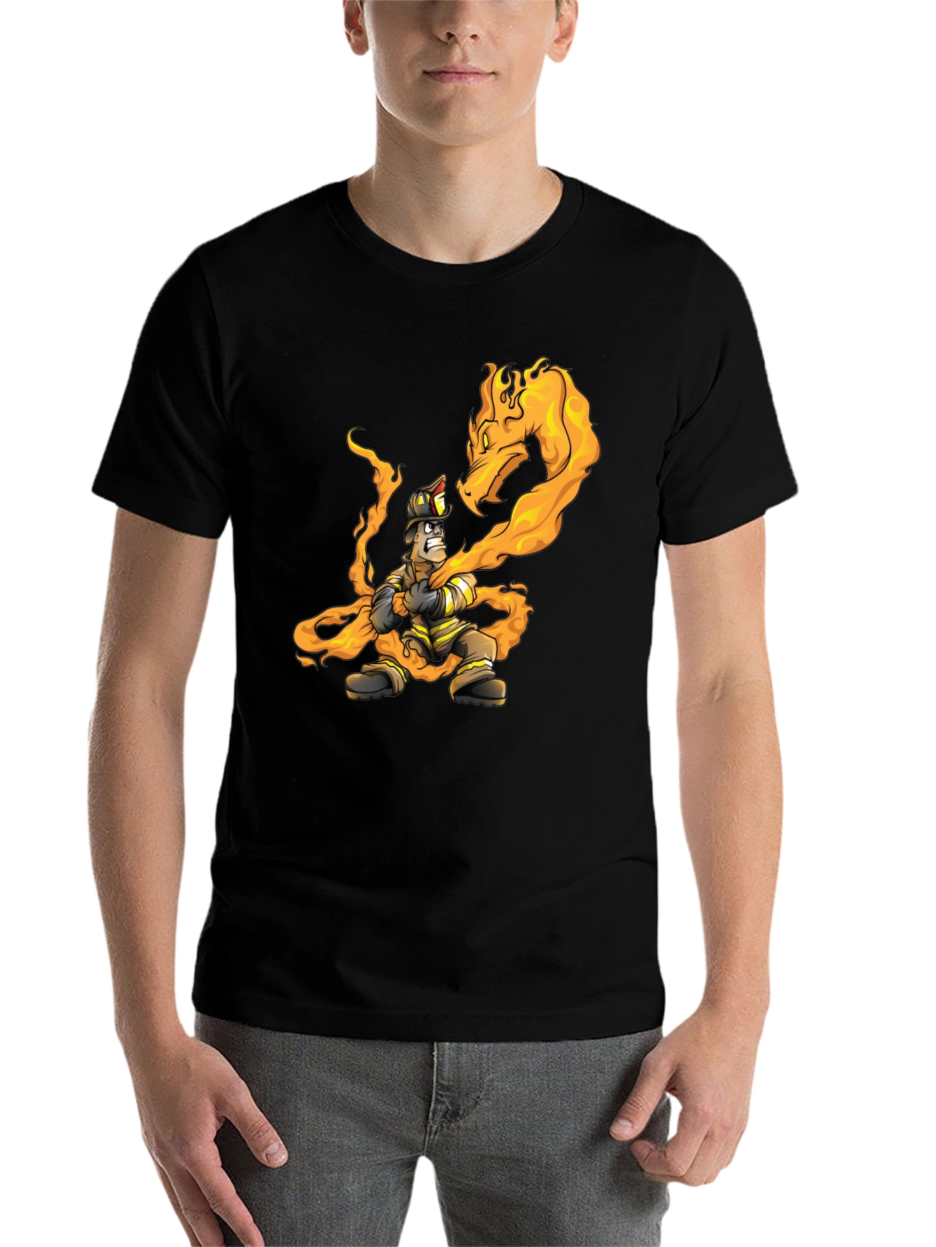 Black Firefighter vs Dragon Graphic T-Shirt - Cool Design view 7