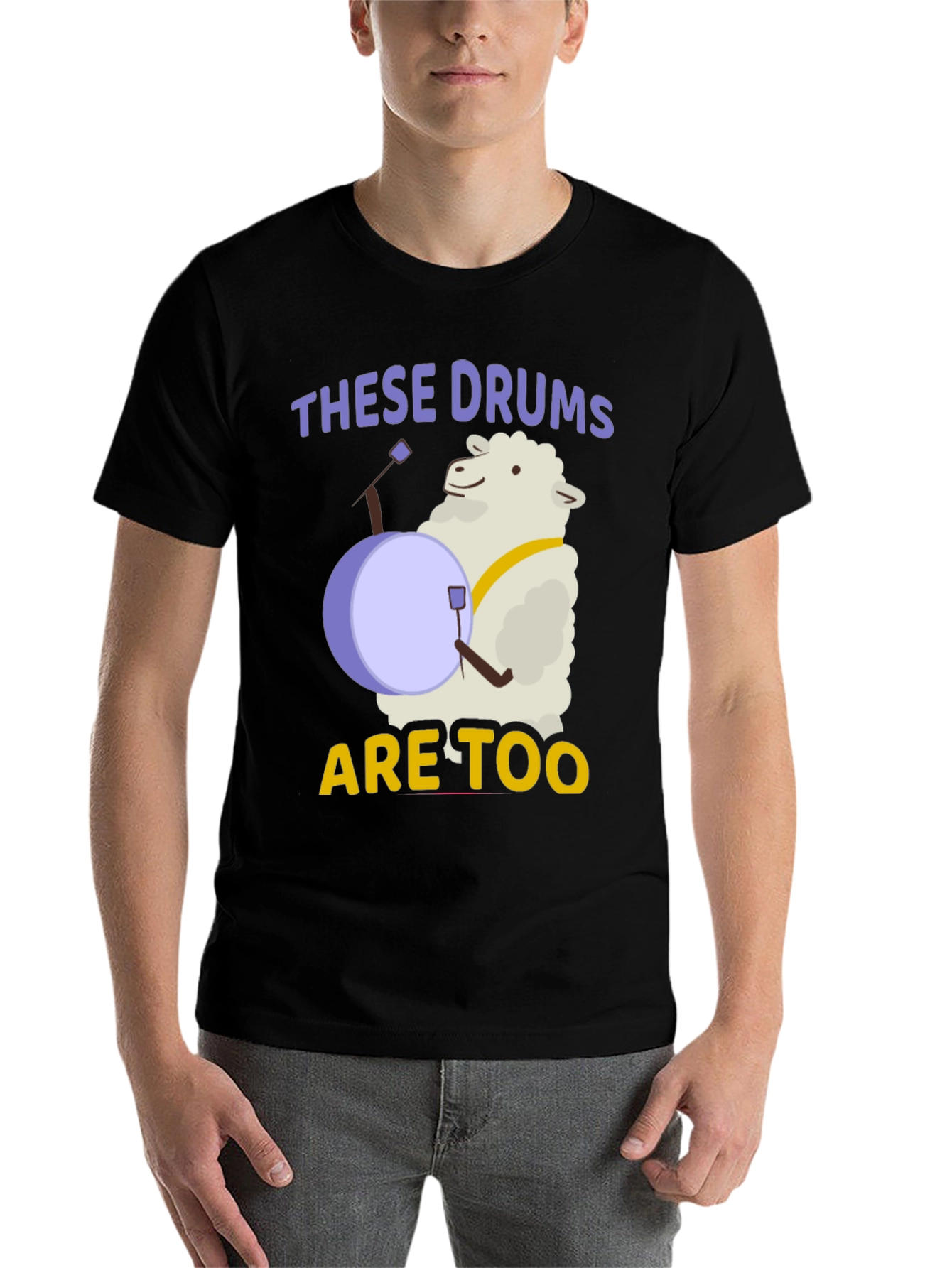 Black Funny Sheep Drummer T-Shirt - "These Drums are Too" view 7