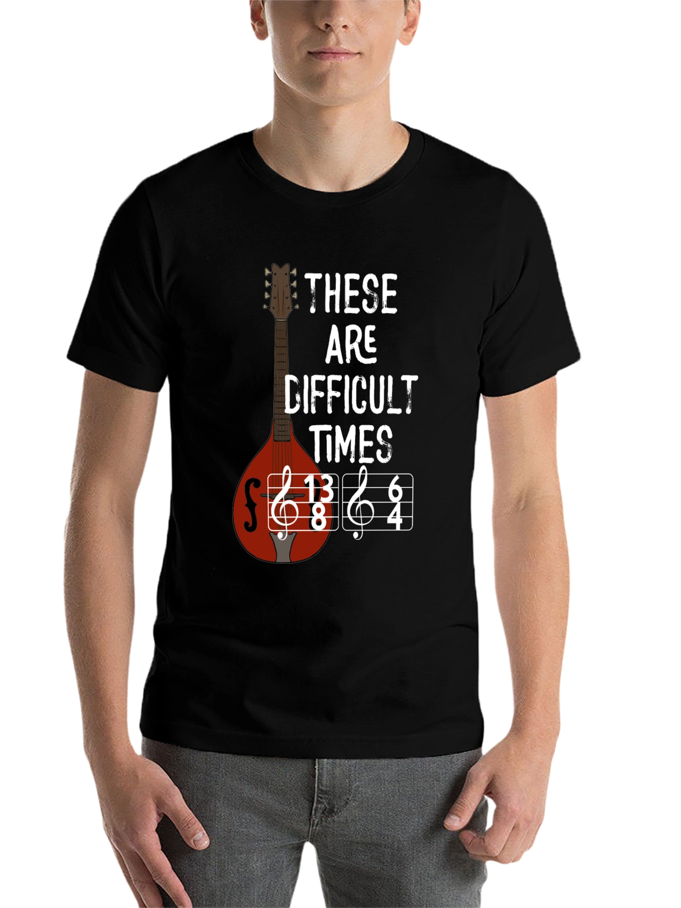 Black Difficult Times Music T-Shirt - Mandolin Graphic Tee view 7
