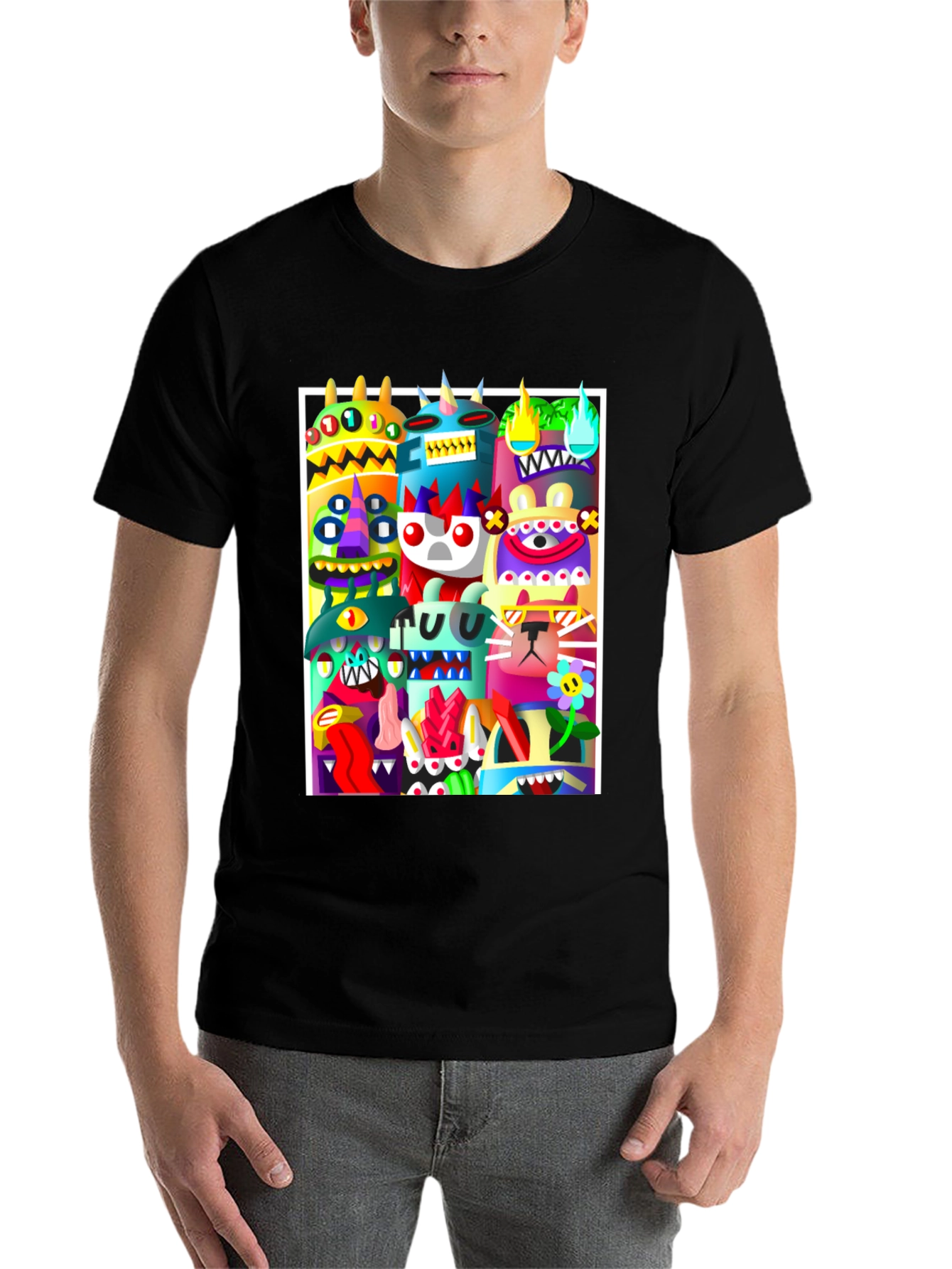 Black Colorful Cartoon Monster Graphic Print Black T-Shirt view 7