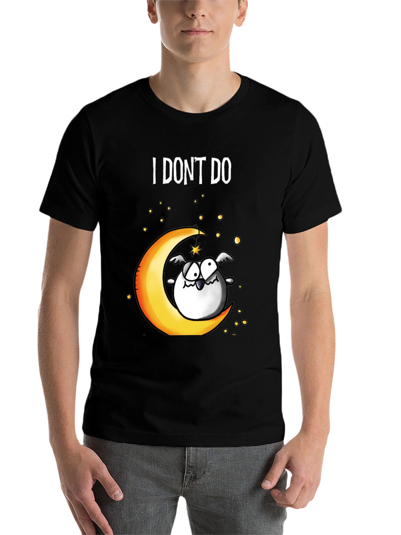 Black Funny I DON'T DO Mornings Owl on Moon T-Shirt view 7