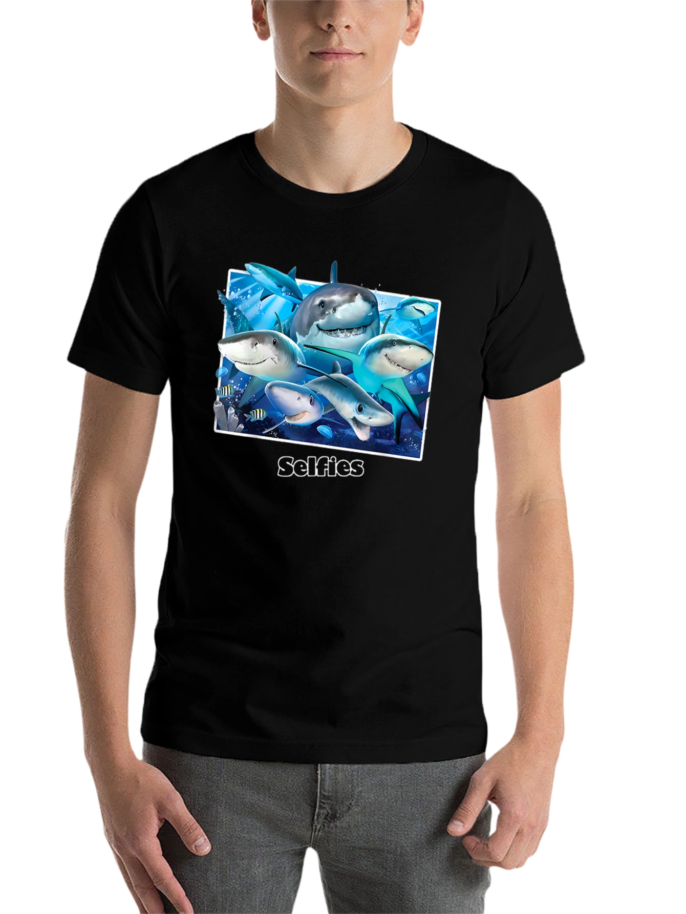 Black Shark Selfies Graphic T-Shirt - Unique Ocean Humor Tee view 7