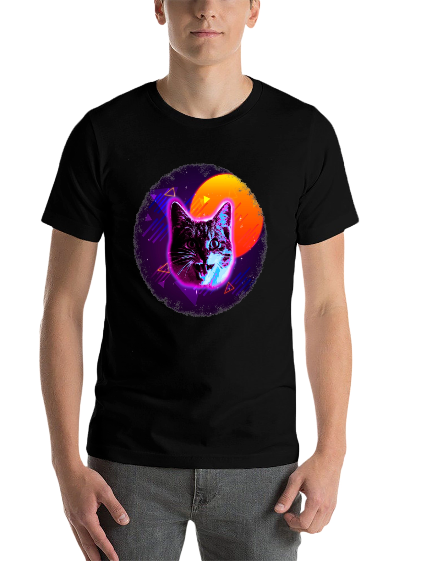 Black Retro Cat T-Shirt - Vaporwave Style view 7