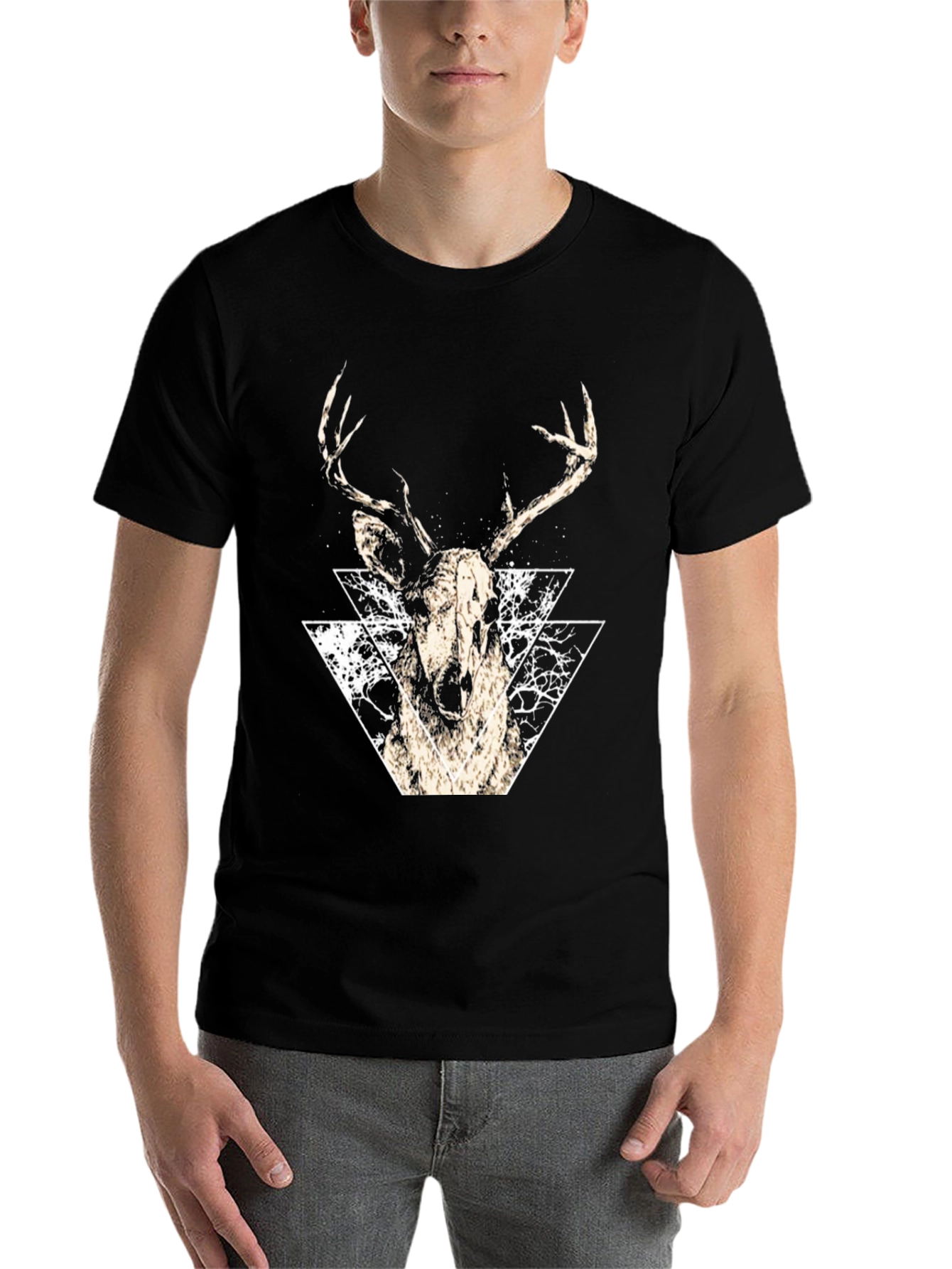 Black Geometric Deer Graphic Tee - Modern Black T-Shirt view 7