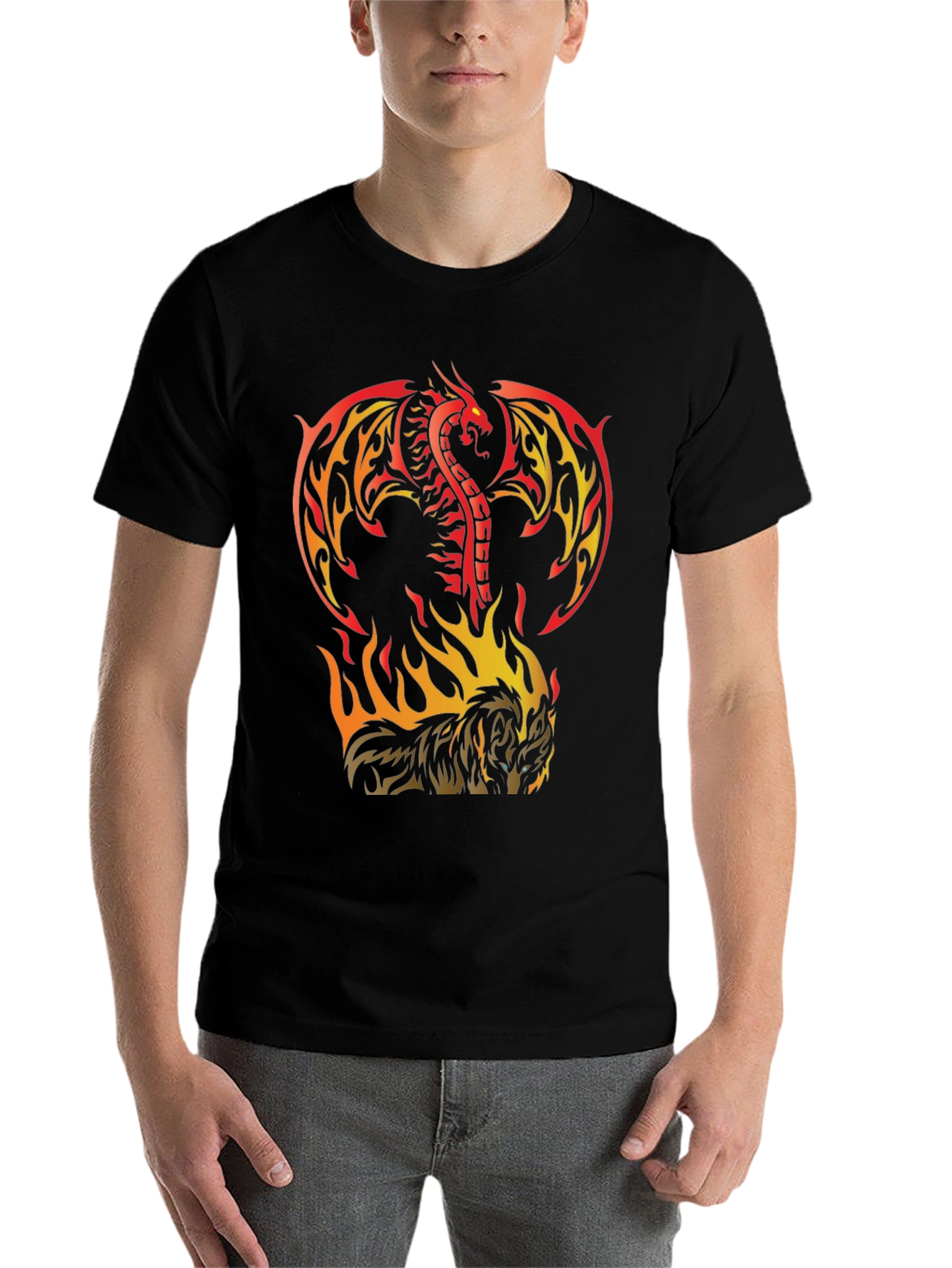 Black Fiery Dragon & Wolf Graphic Black T-Shirt view 7