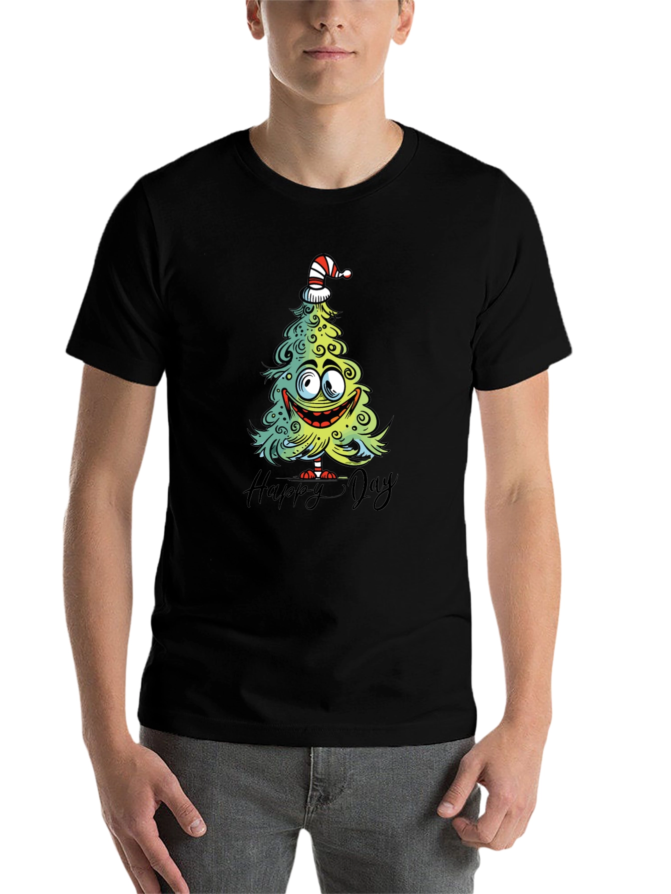 Black Funny Christmas Tree Graphic Tee - Happy Day Shirt view 7