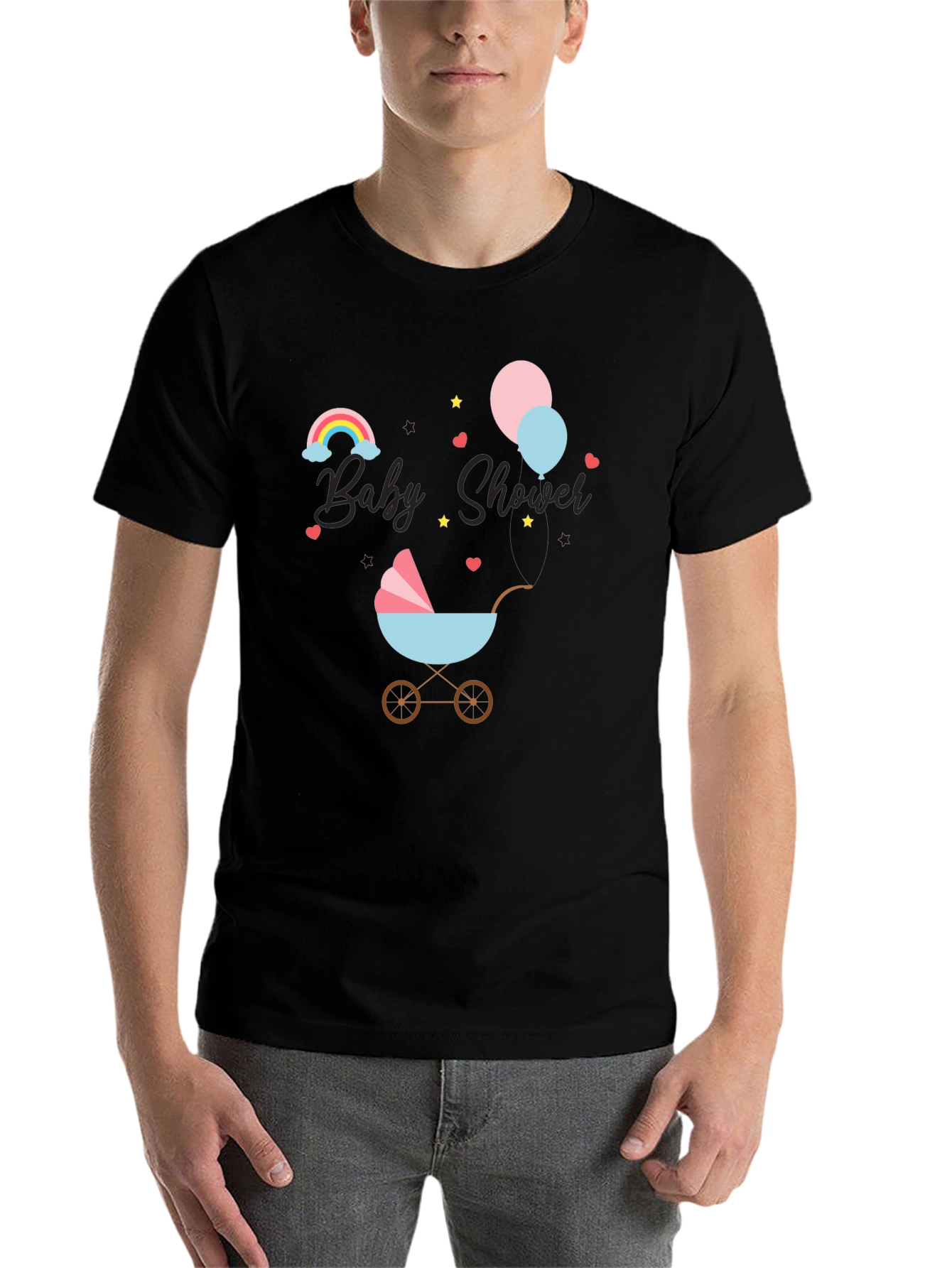 Black Baby Shower T-Shirt with Rainbow & Stroller Design view 7