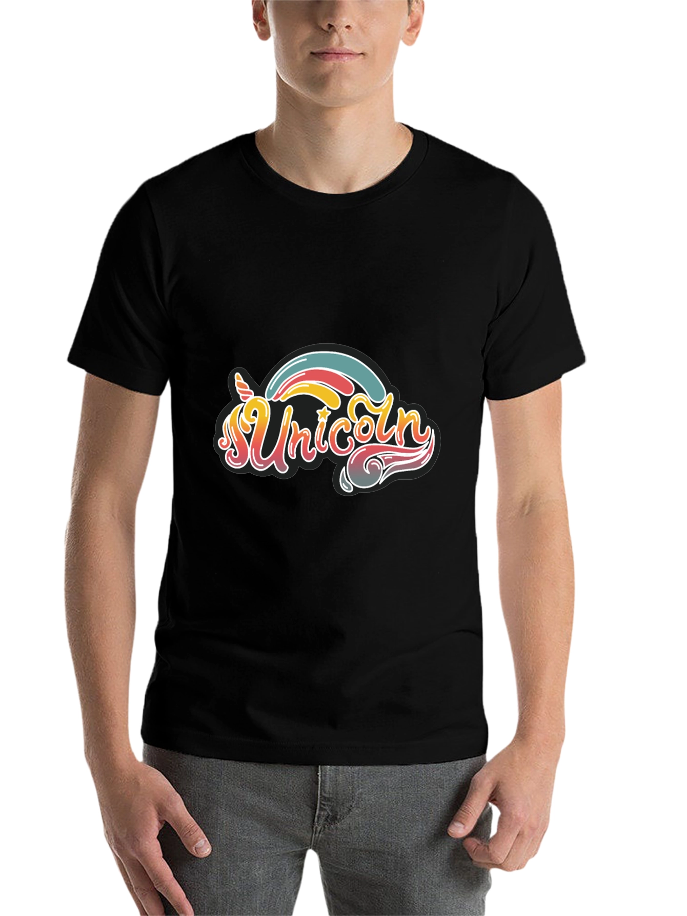 Black Unicorn Rainbow Graphic Tee - Black Cotton T-Shirt view 7