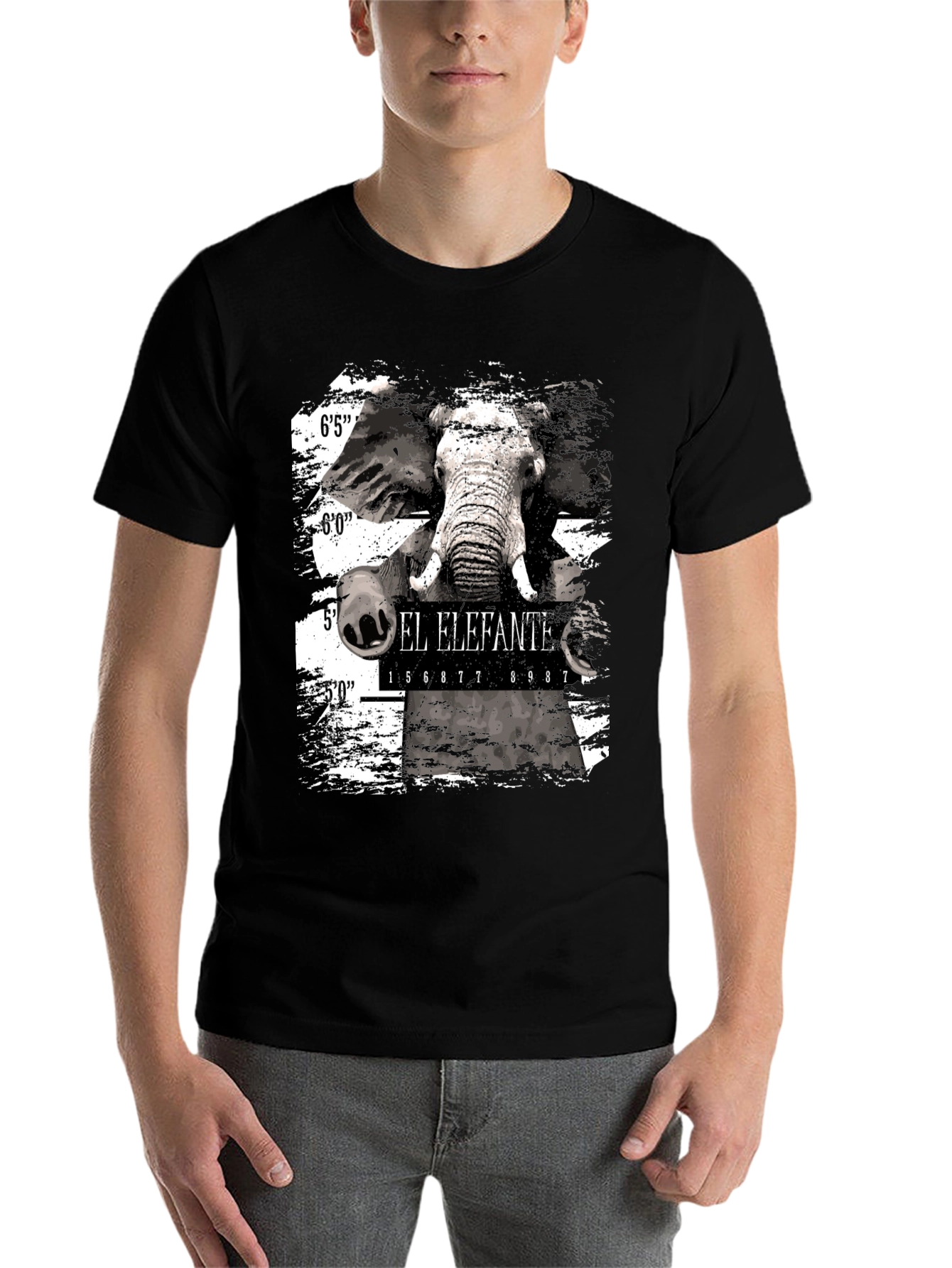 Black El Elefante Mugshot Men's Black Graphic T-Shirt view 7