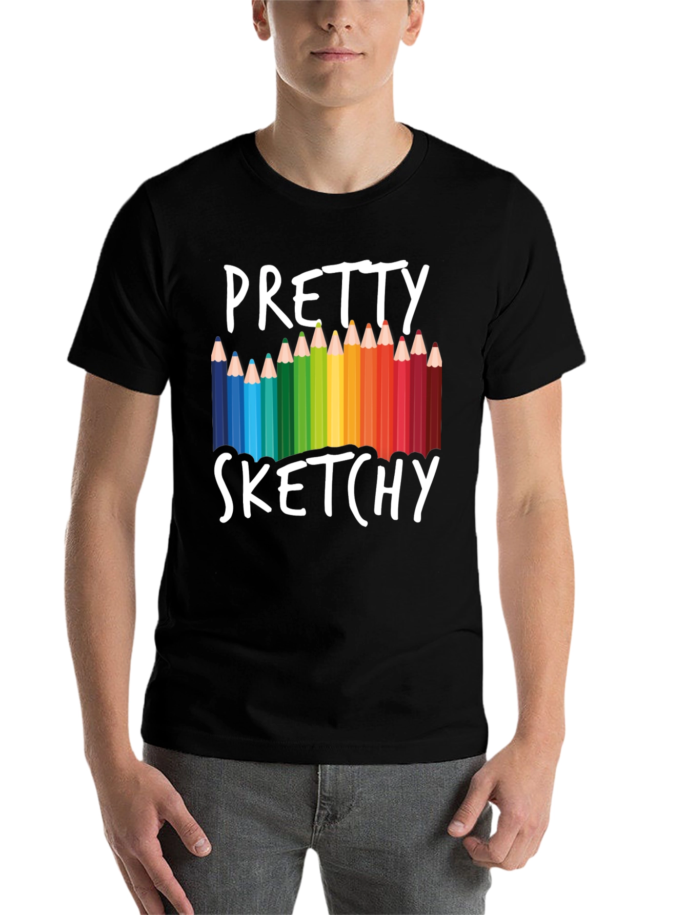 Black Pretty Sketchy T-Shirt, Colorful Pencil Design Tee view 7