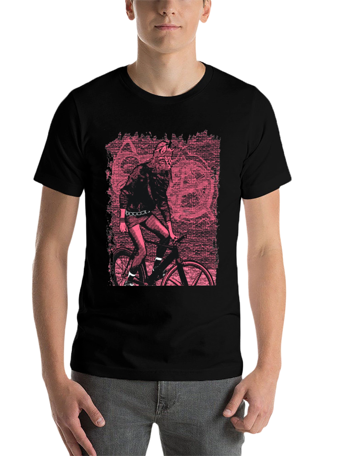 Black Edgy Graphic Tee - Werewolf Biker in Pink view 7