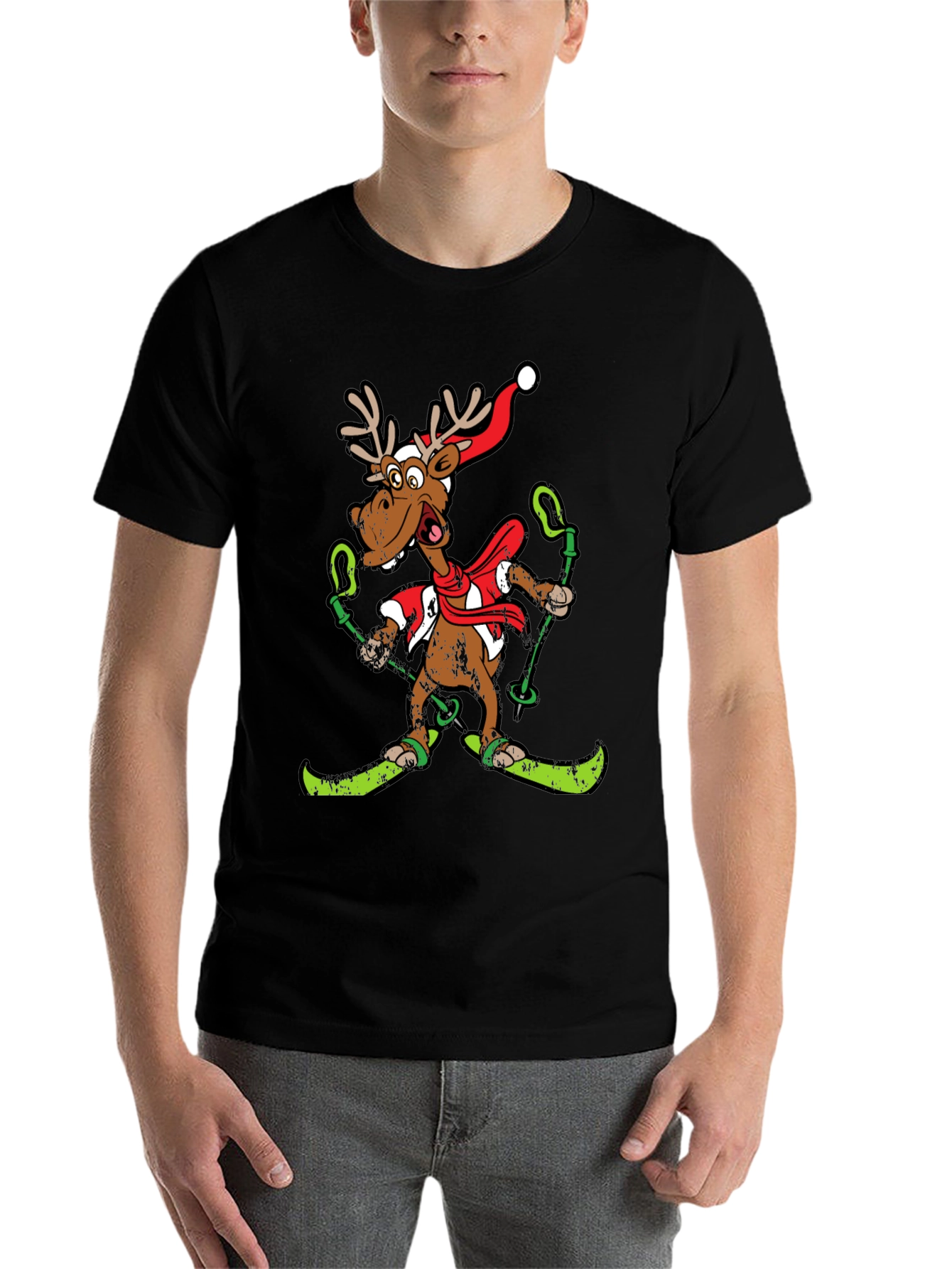Black Funny Skiing Reindeer T-Shirt Holiday Christmas Tee view 7