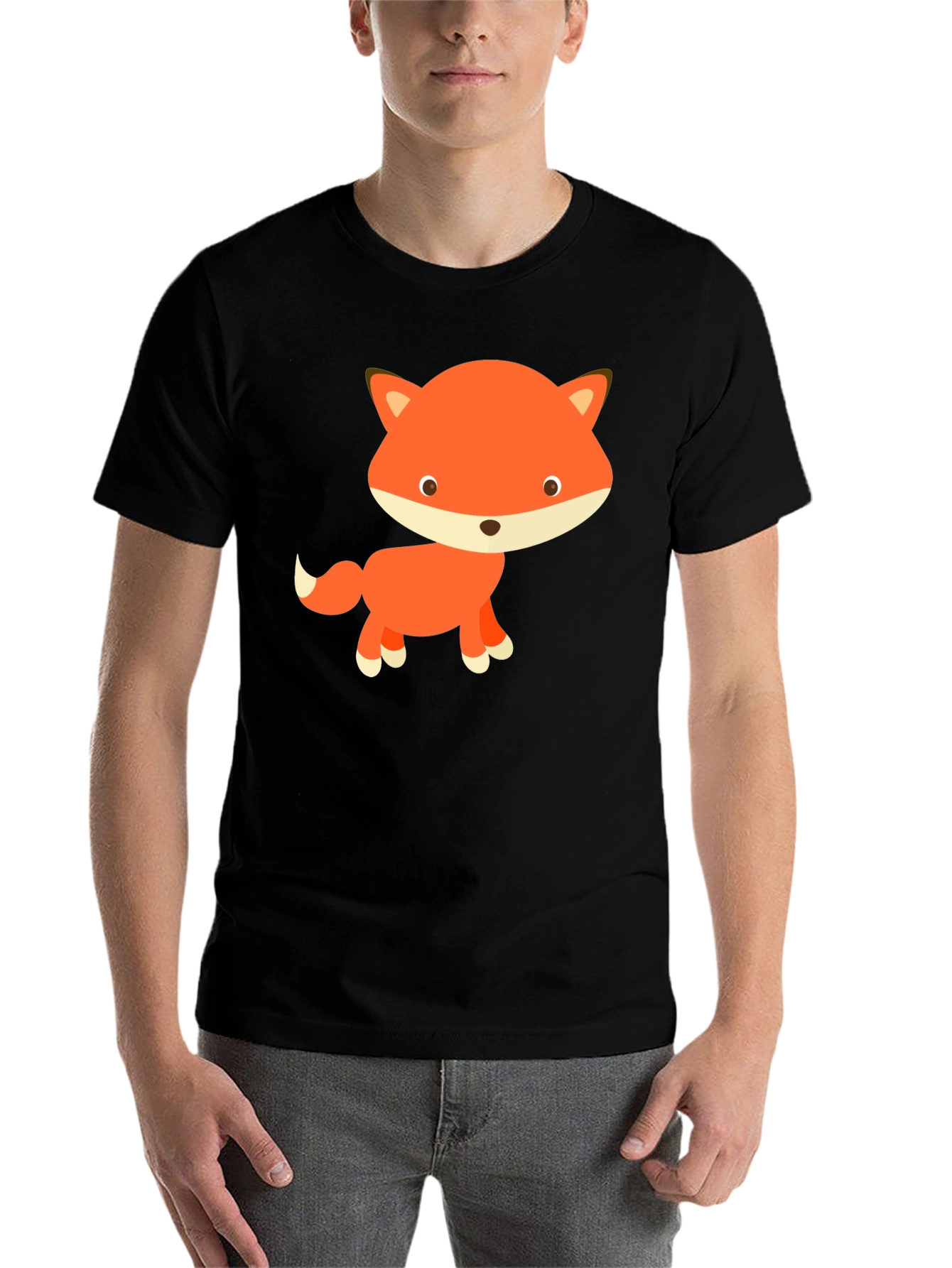 Black Cute Cartoon Fox Black T-Shirt view 7