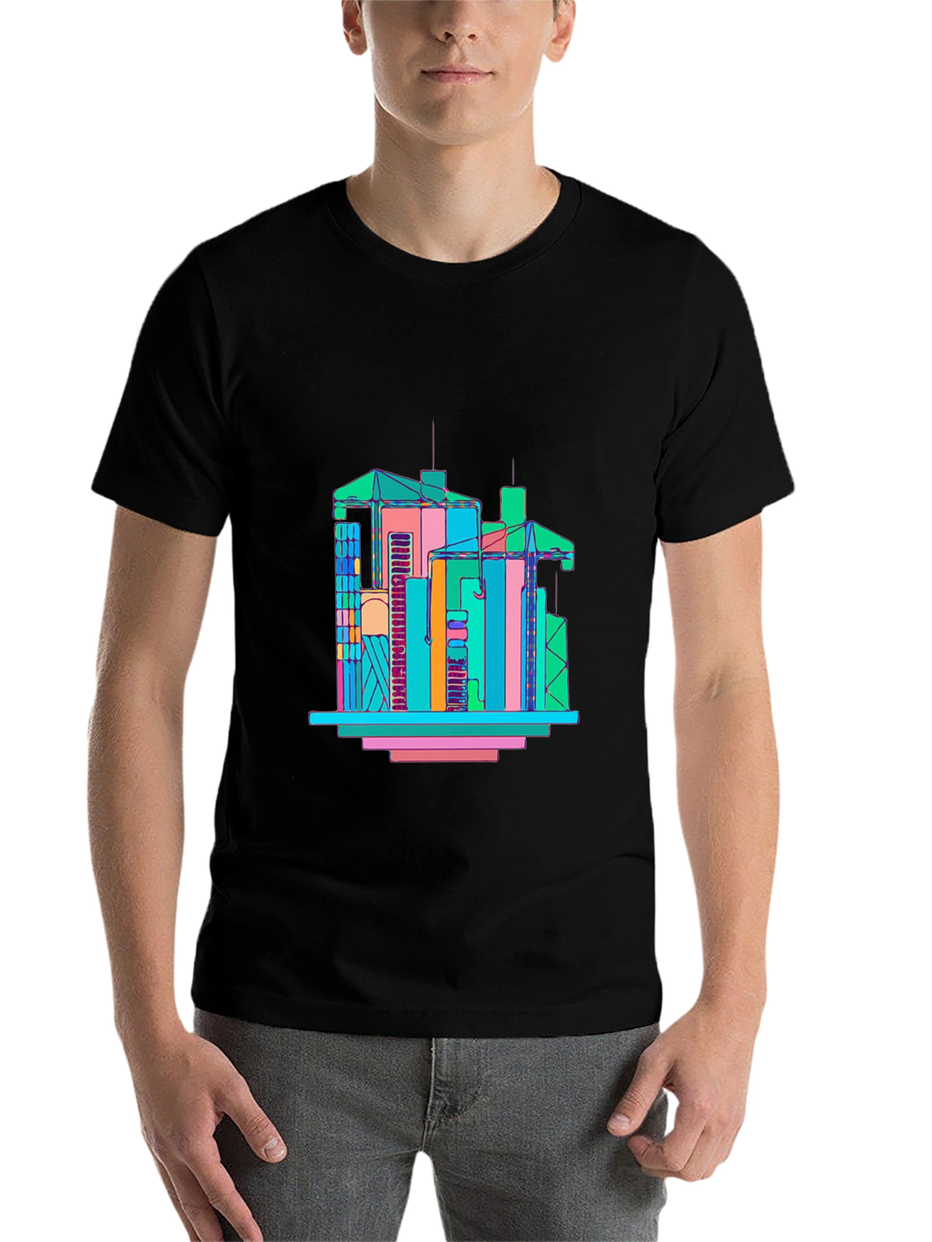 Black Abstract Building Graphic T-Shirt - Men's Black Tee view 7
