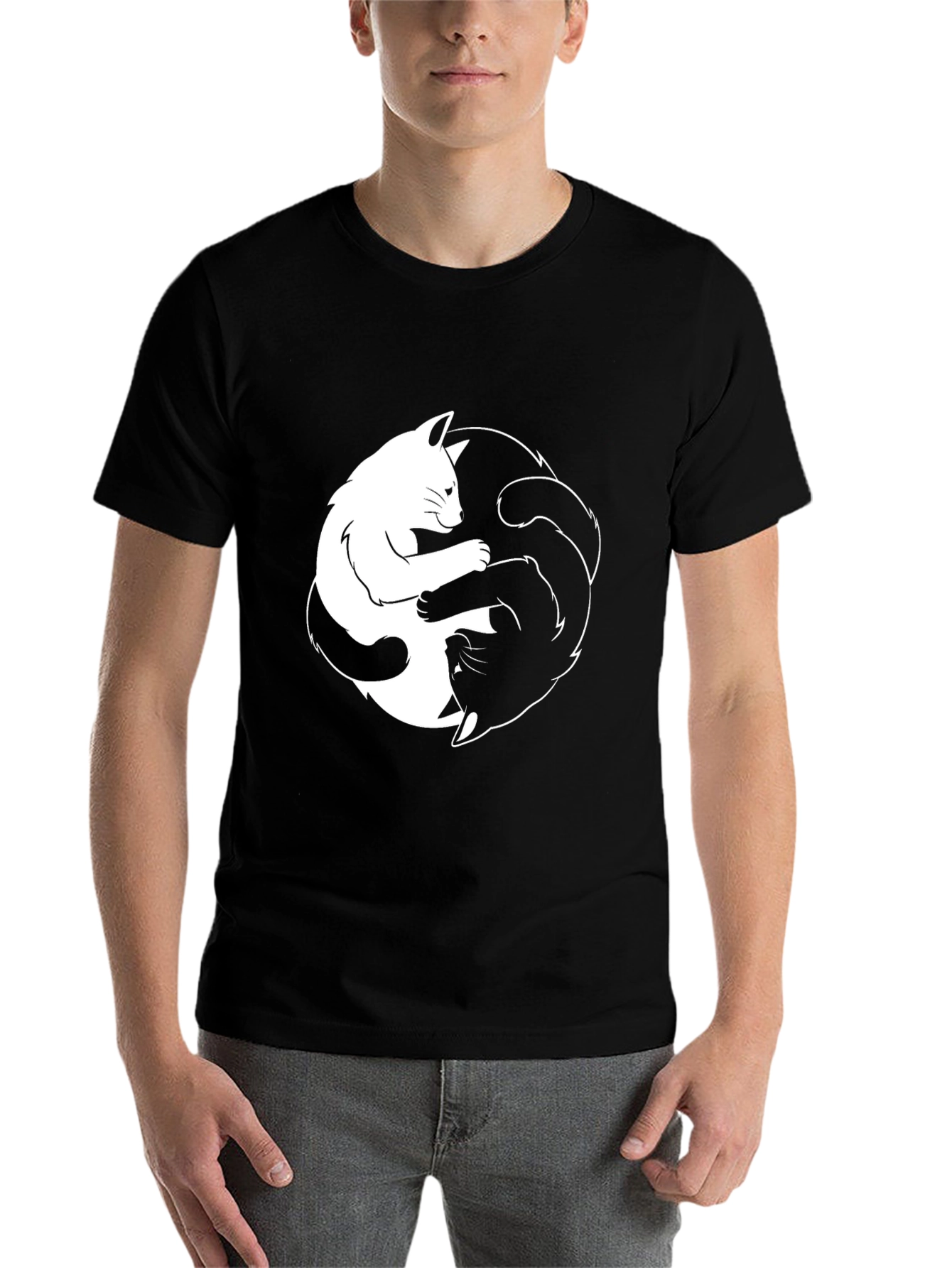 Black Yin Yang Cats Black T-Shirt - Balance & Harmony view 7