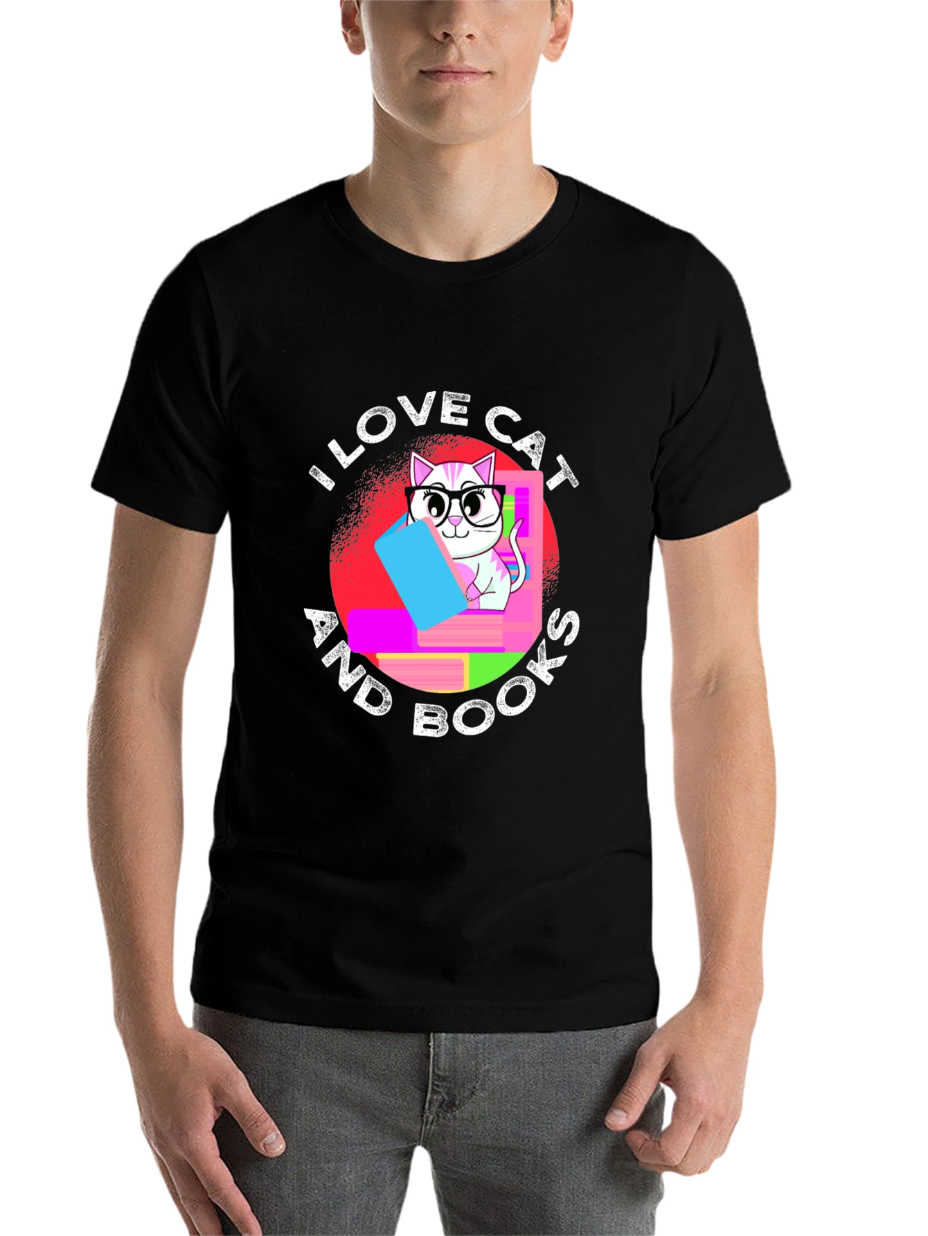 I Love Cat and Books T-Shirt, Unisex Black Tee - 7