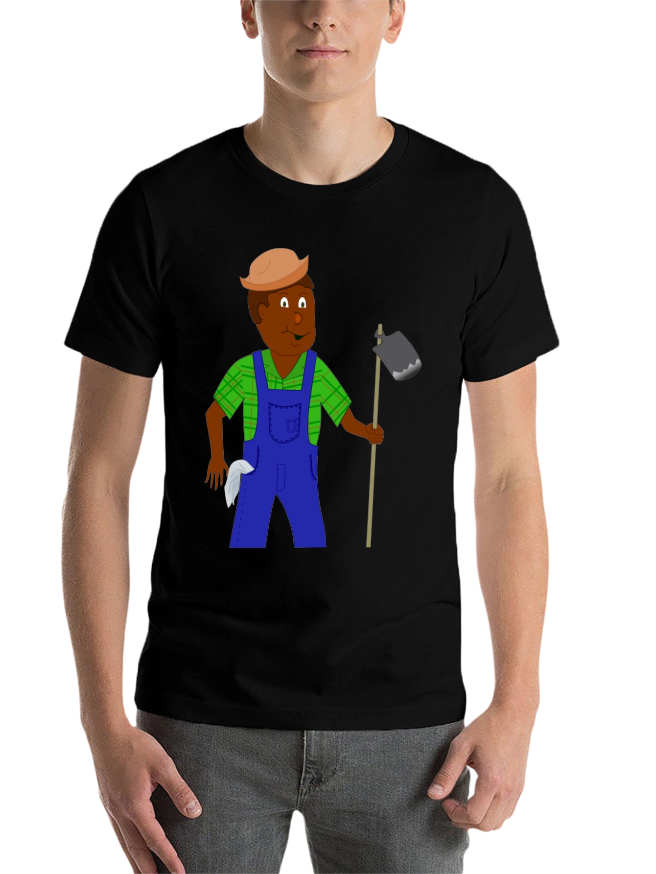 Black Cartoon Farmer Graphic Tee - Black Unisex T-Shirt view 7