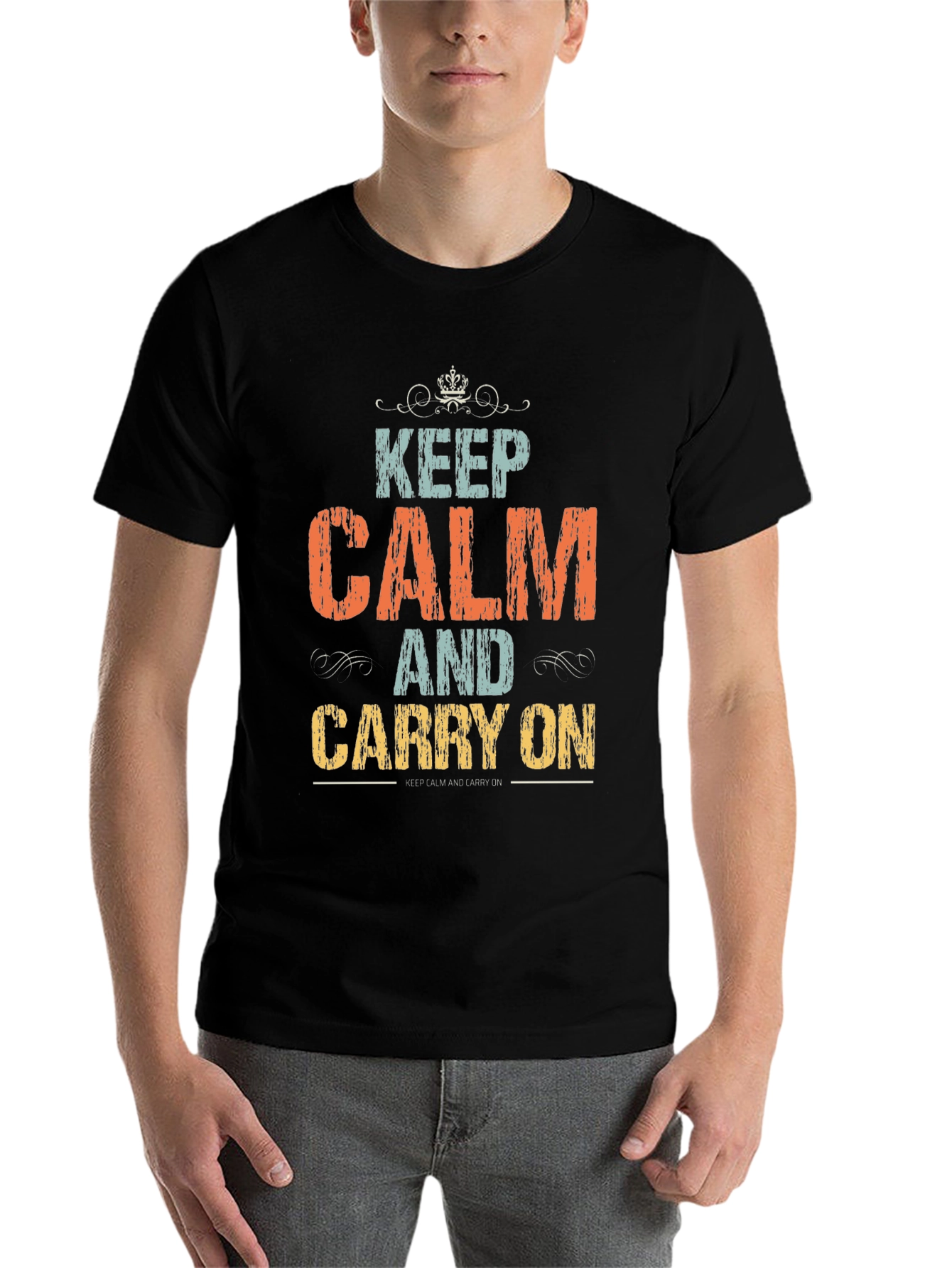 Black Keep Calm T-Shirt:  Vintage Style Graphic Tee view 7