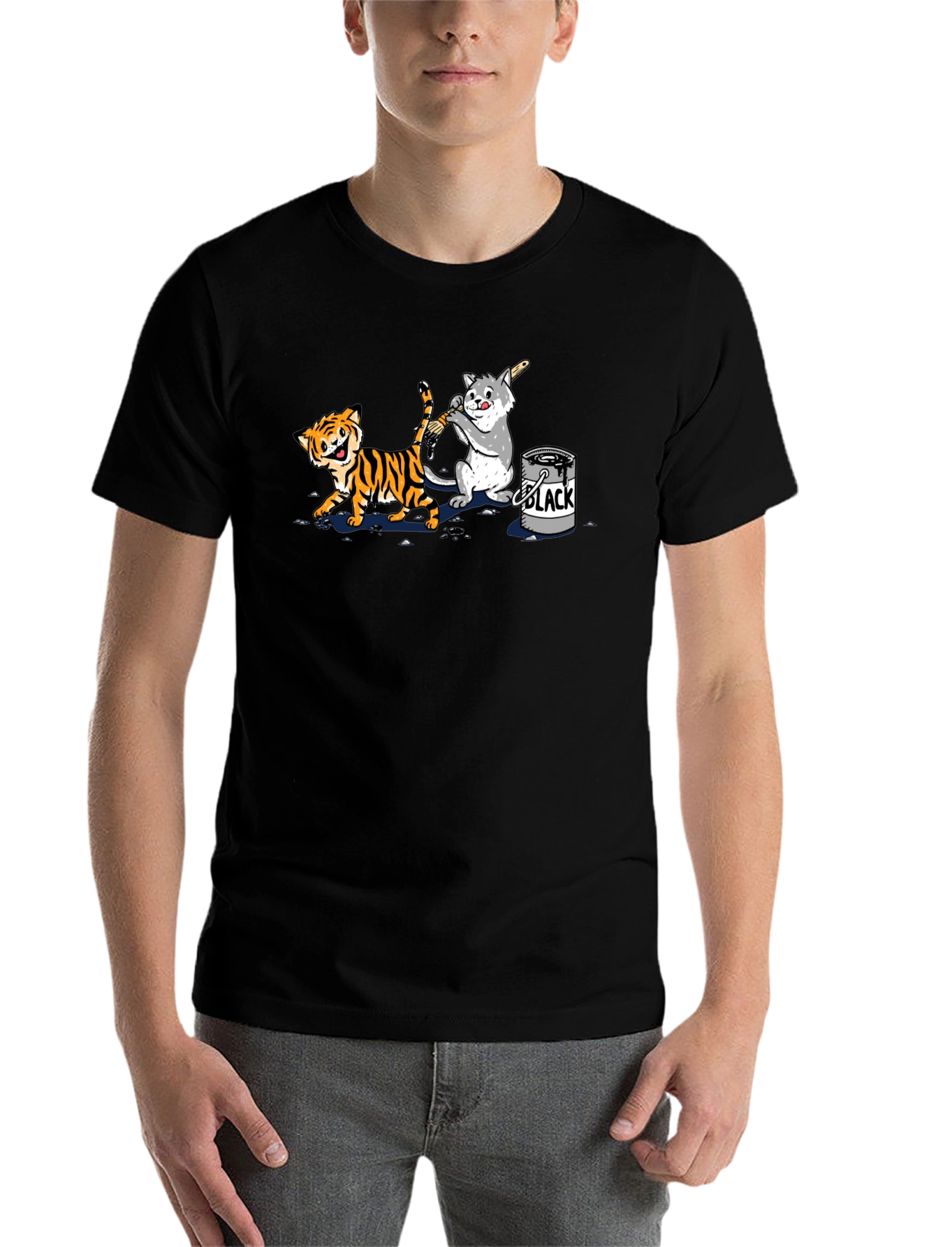 Black Funny Cartoon Cat and Tiger Black T-Shirt view 7