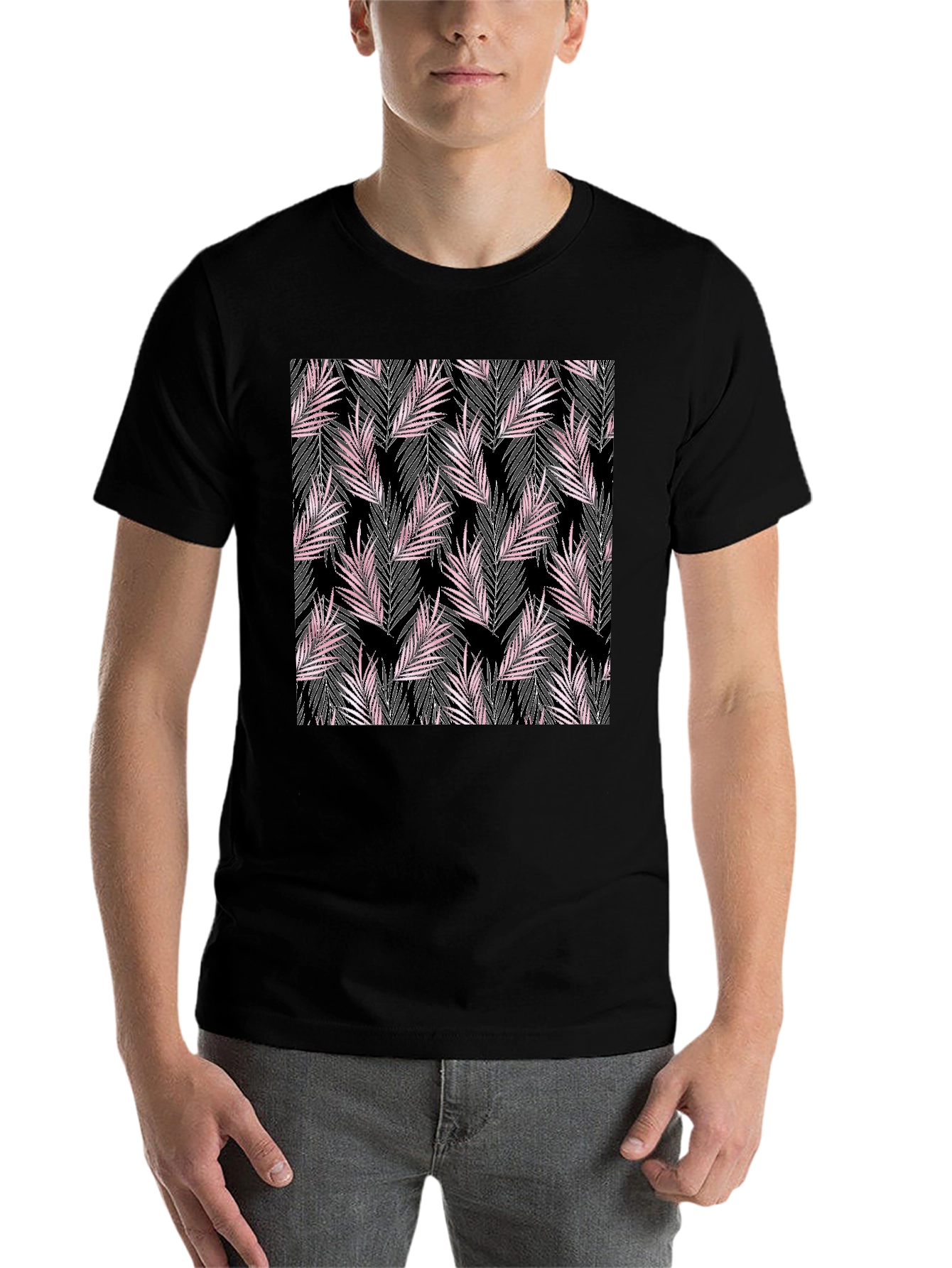 Black Tropical Leaves Print T-Shirt view 7