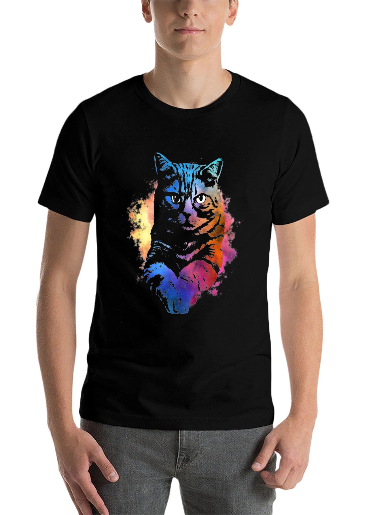 Black Watercolor Cat Graphic Black T-Shirt view 7