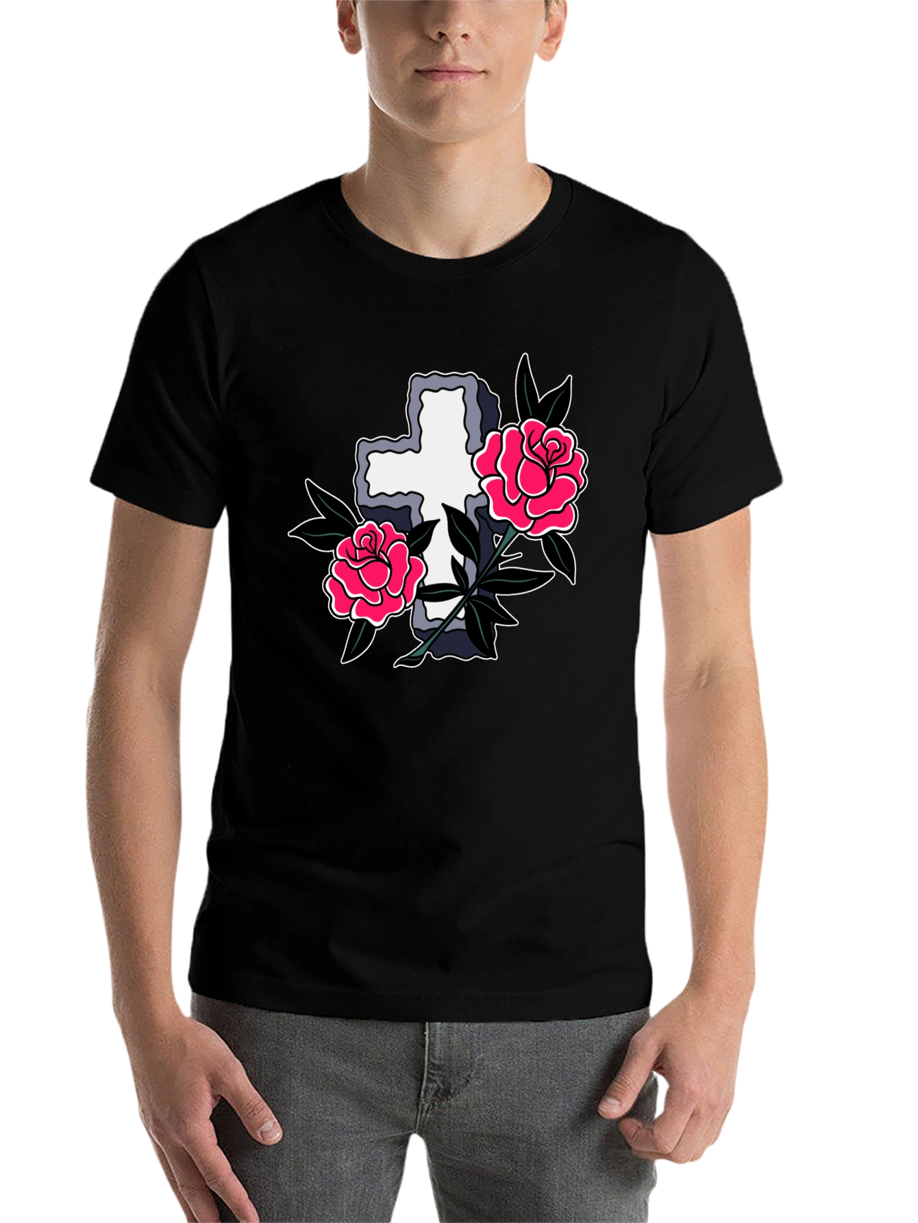 Black Cross & Roses Graphic T-Shirt - Classic Tattoo Style view 7