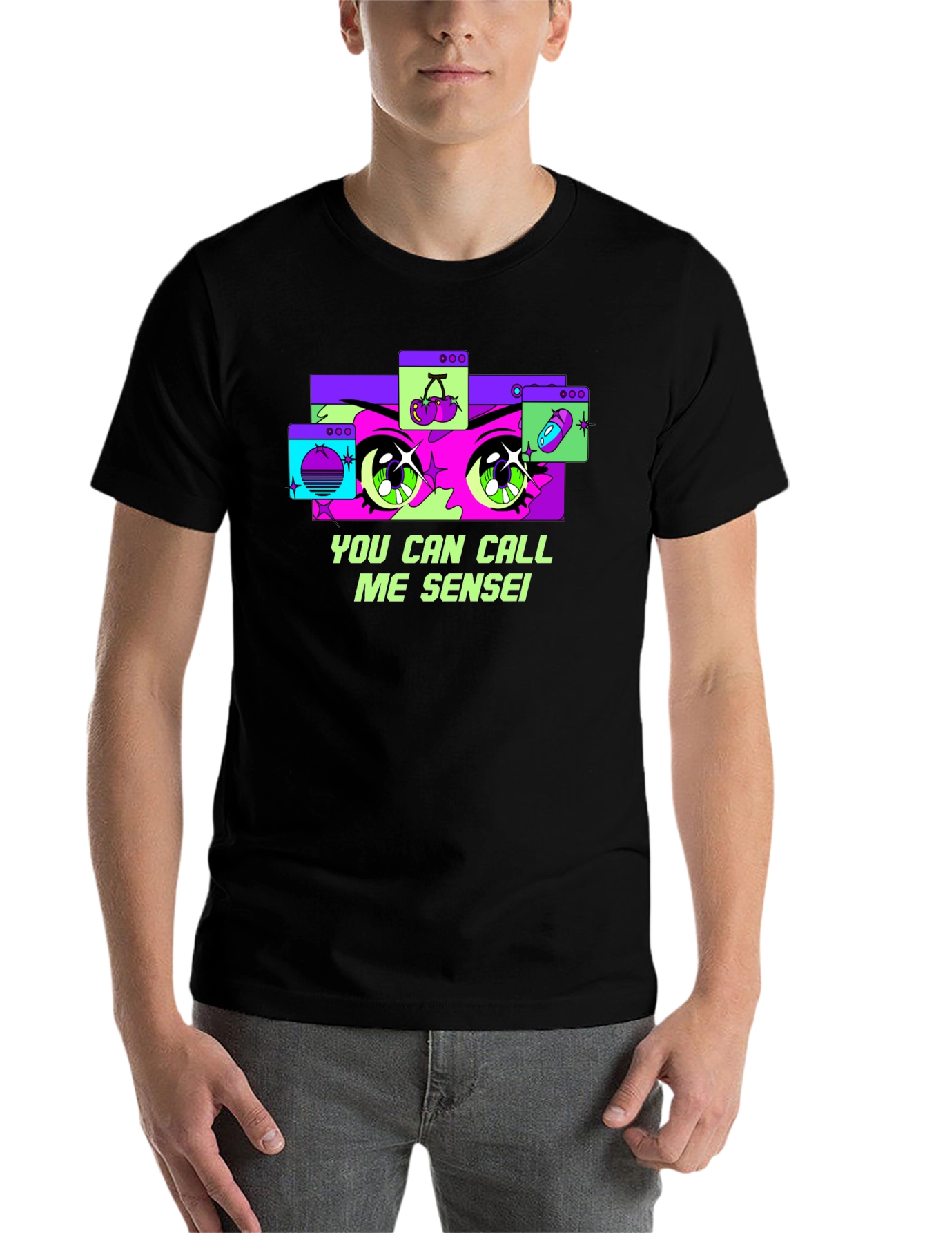 Black Anime Eyes Black T-Shirt - Call Me Sensei view 7